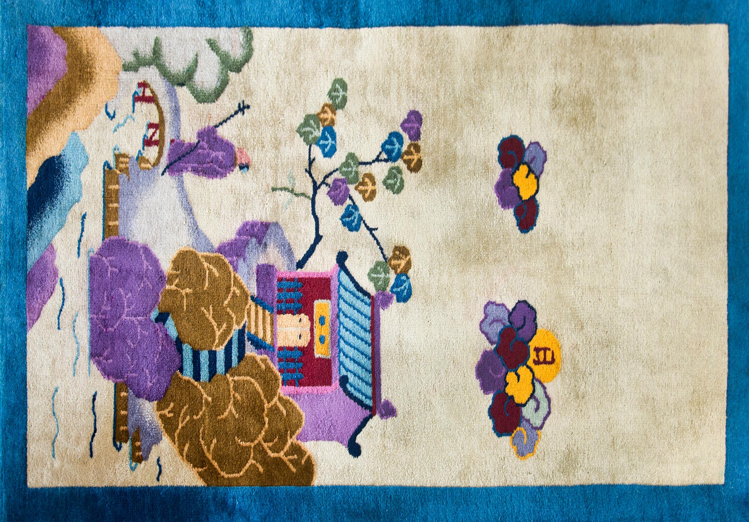 Hand-Knotted Early 20th Century Chinese Pictorial Art Deco Rug For Sale