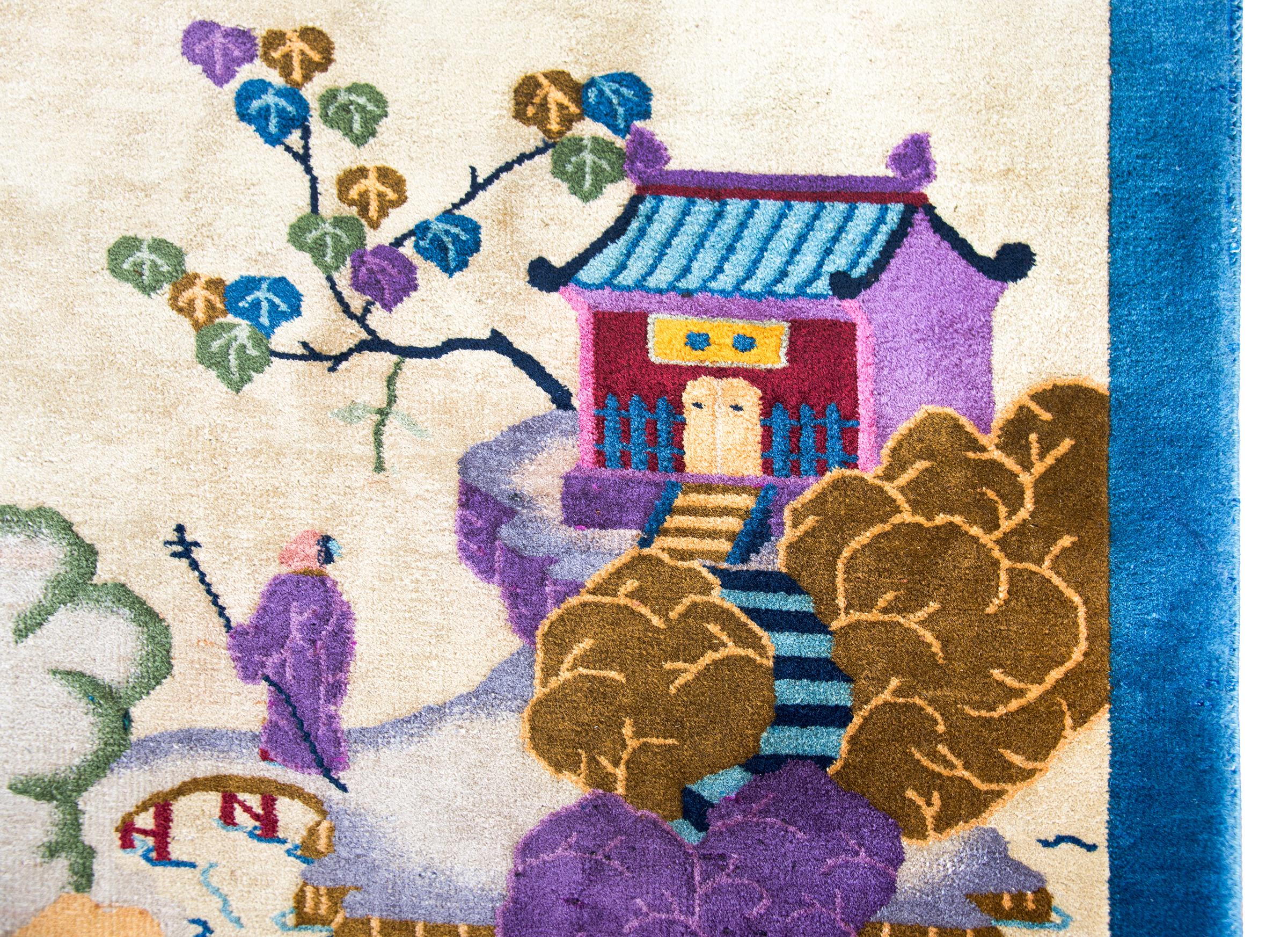 Mid-20th Century Early 20th Century Chinese Pictorial Art Deco Rug For Sale
