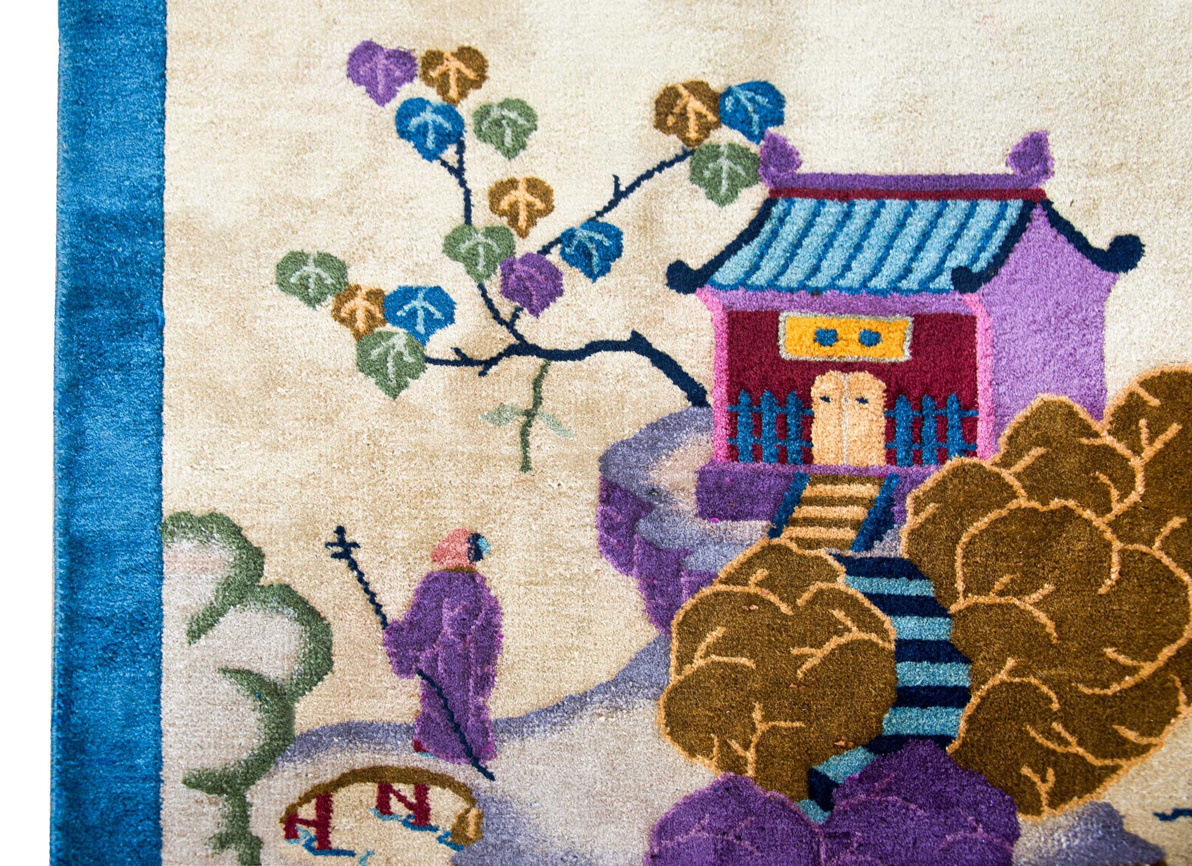Wool Early 20th Century Chinese Pictorial Art Deco Rug For Sale
