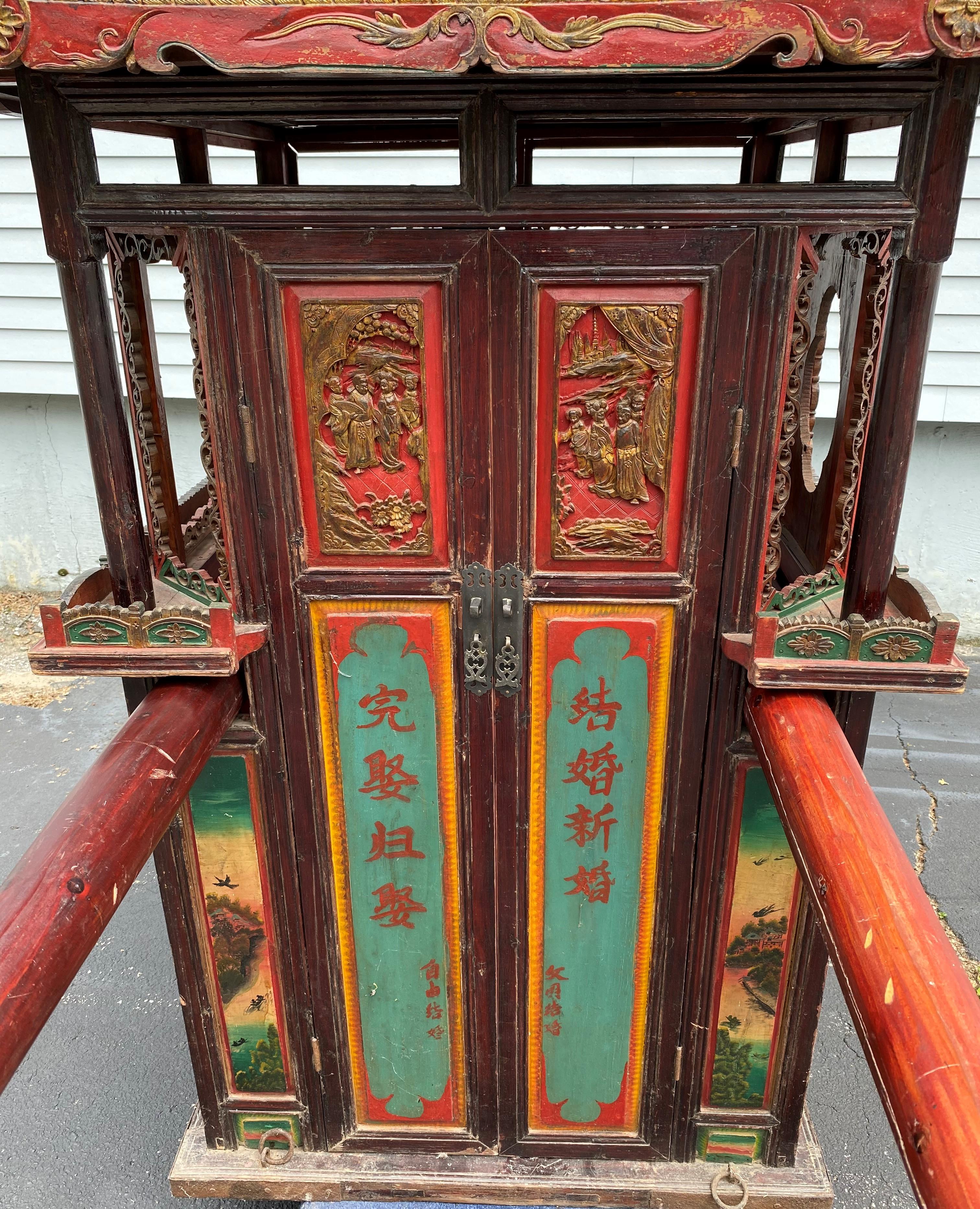 Hand-Carved Early 20th Century Chinese Polychrome Wedding Sedan Chair