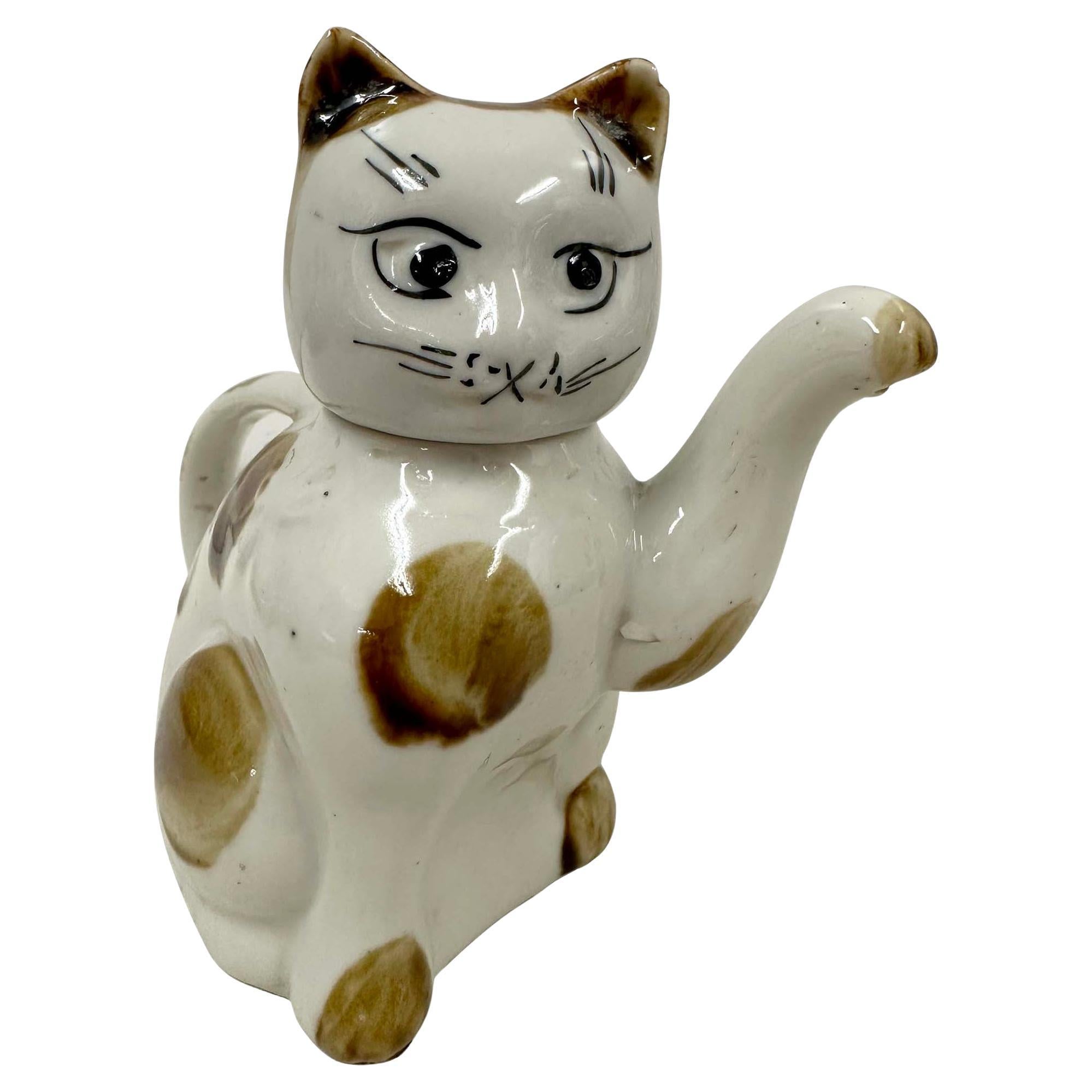 Early 20th Century Chinese Porcelain Cat Teapot with Marks on the bottom
