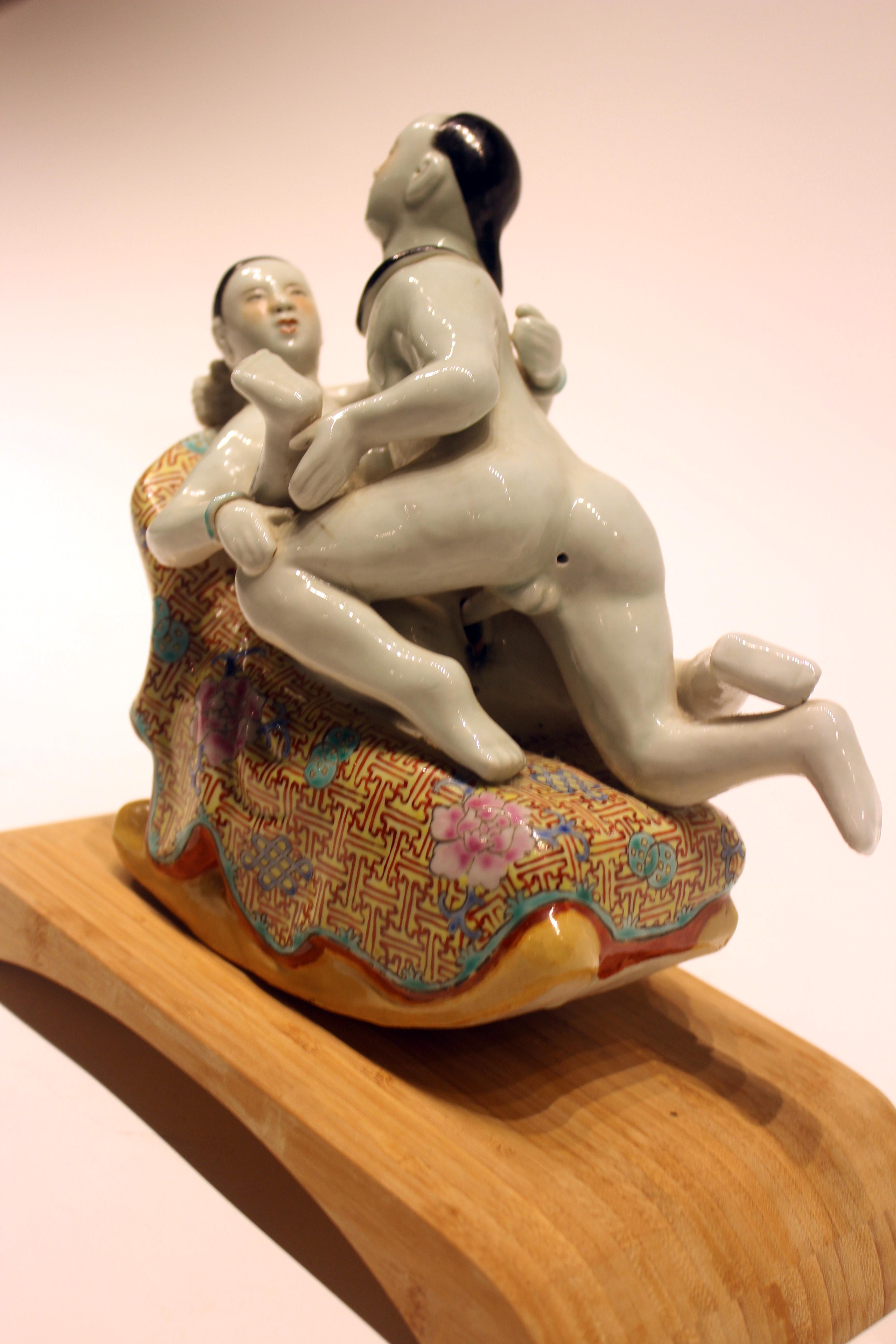 Chinoiserie Early 20th Century Chinese Porcelain Erotic Figural Scene Hand Painted