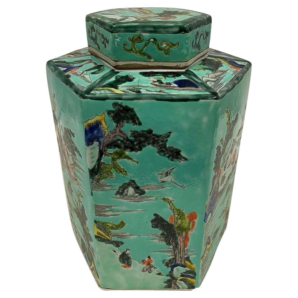 Tarro de porcelana china de principios del siglo XX con tapa