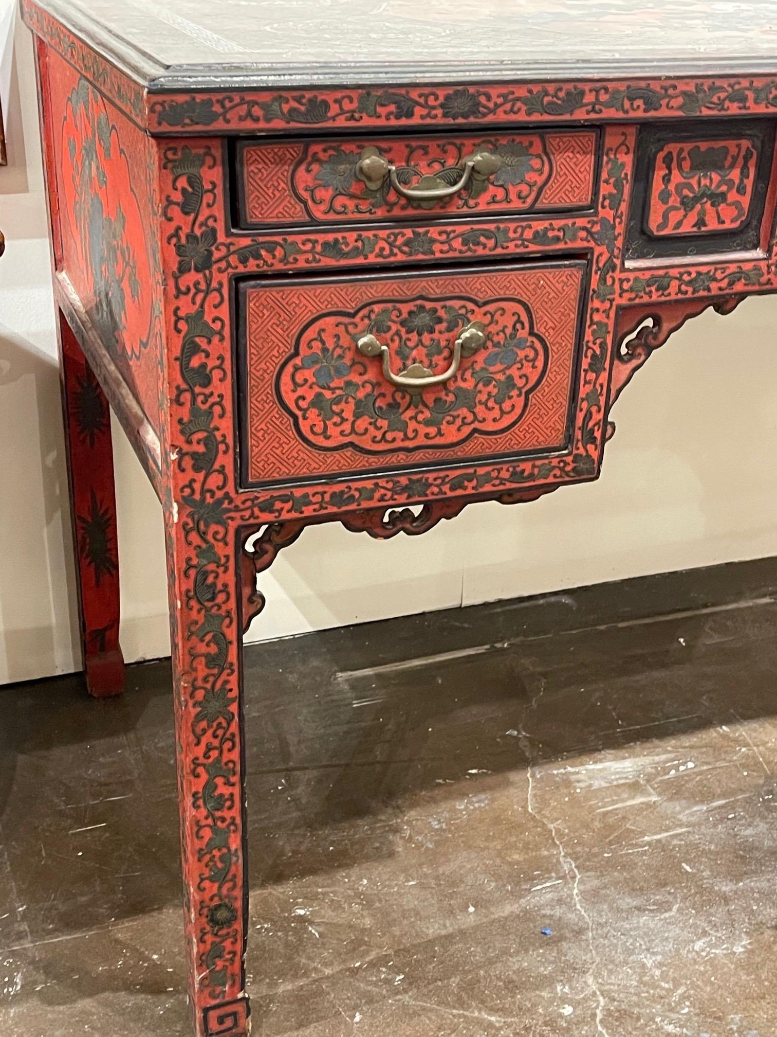 Wood Early 20th Century Chinese Red and Black Lacquered Writing Desk