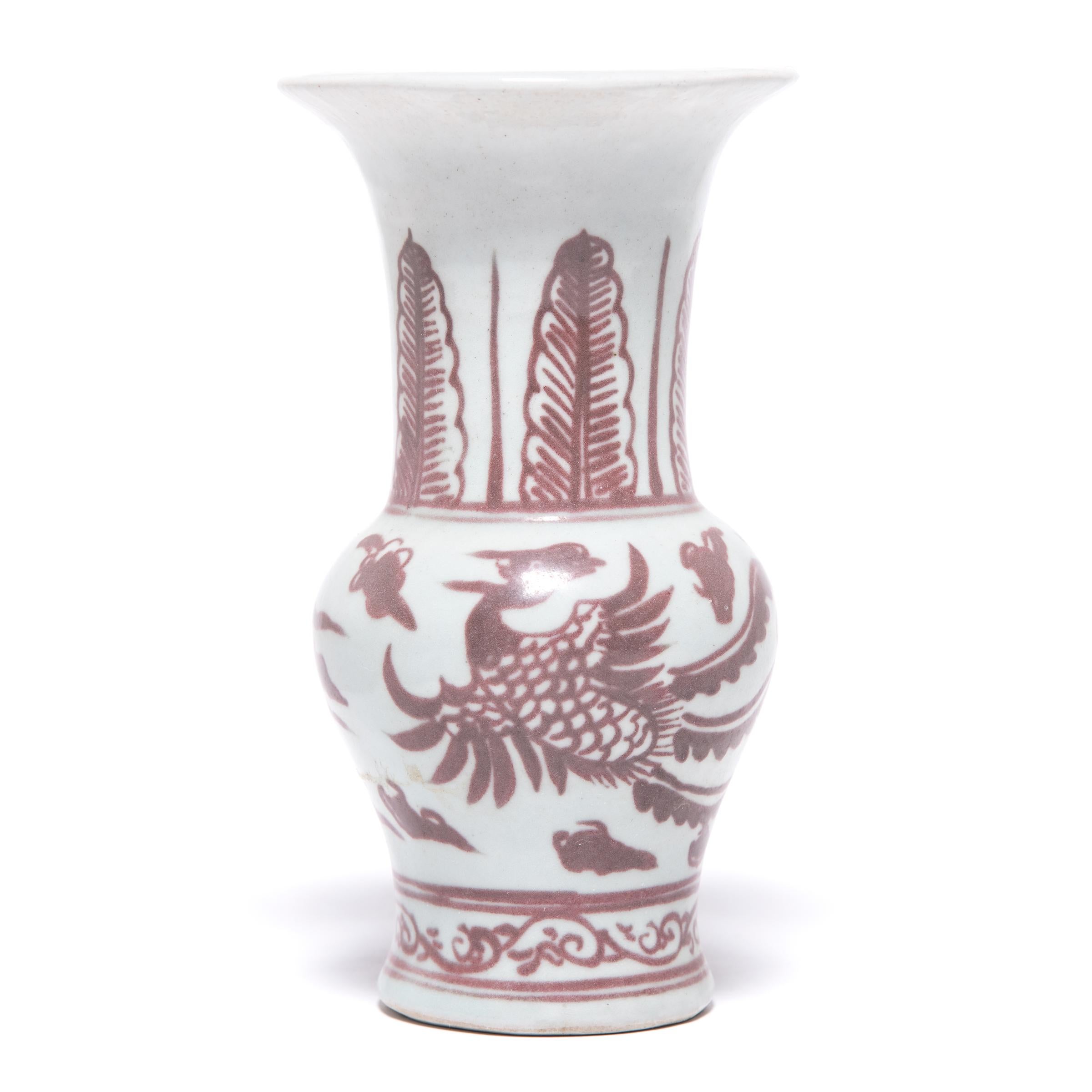 Qing Chinese Red and White Phoenix Fantail Vase, c. 1900
