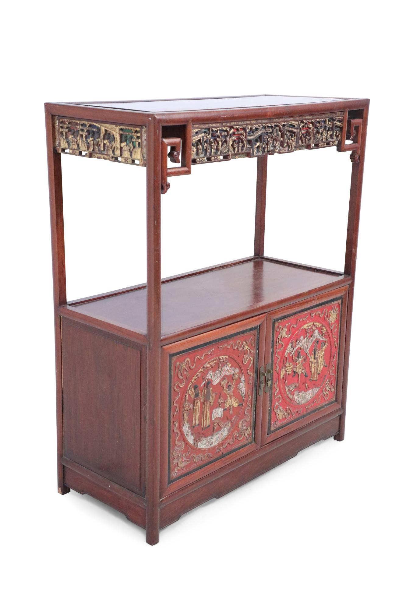 Early 20th Century Chinese Red Carved Wooden Display Cabinet For Sale 4