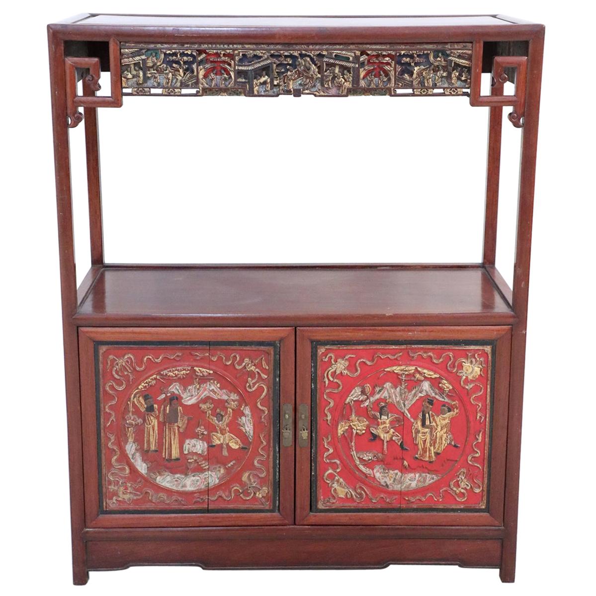 Early 20th Century Chinese Red Carved Wooden Display Cabinet For Sale