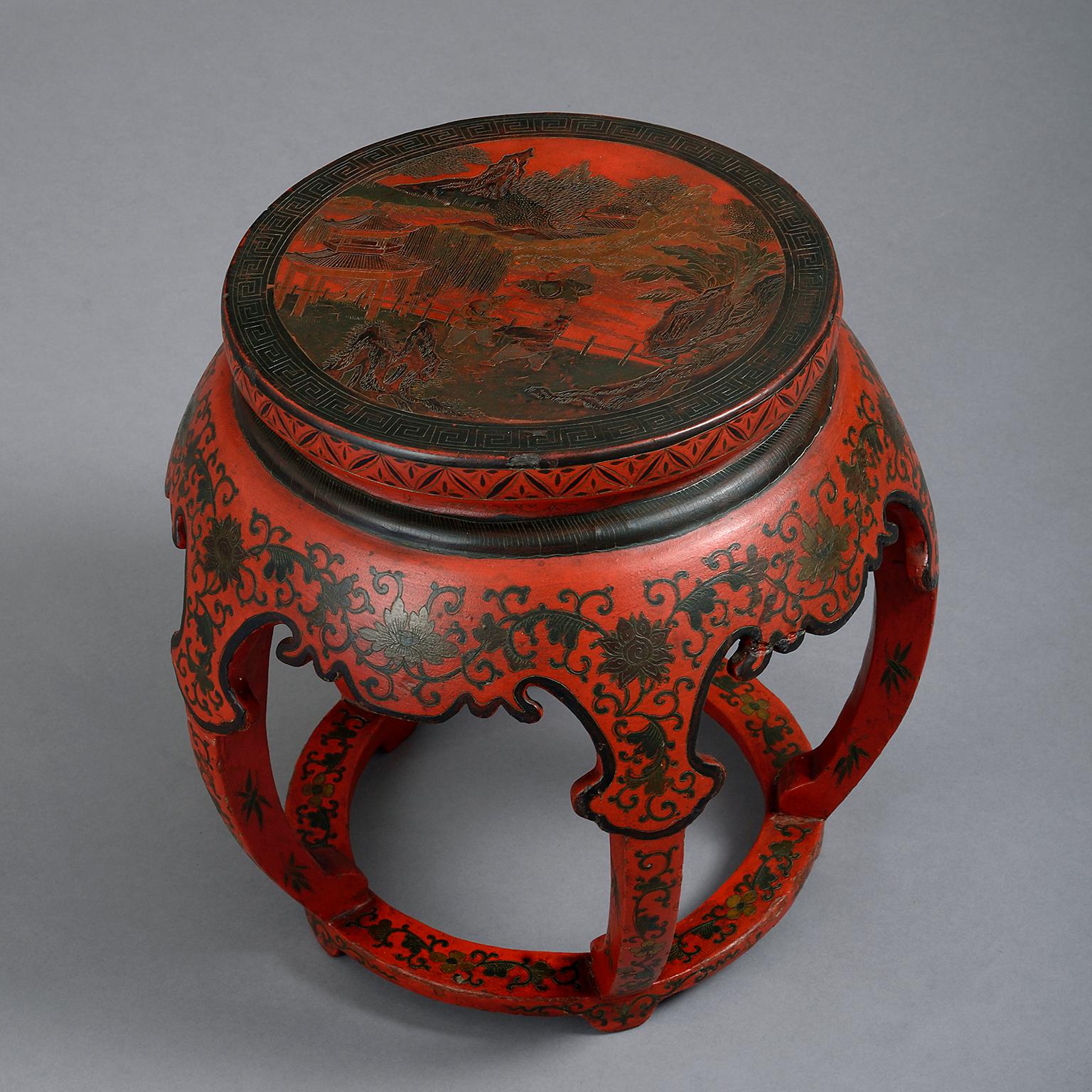 Chinese Export Early 20th Century Chinese Red Lacquer Low Table or Stool
