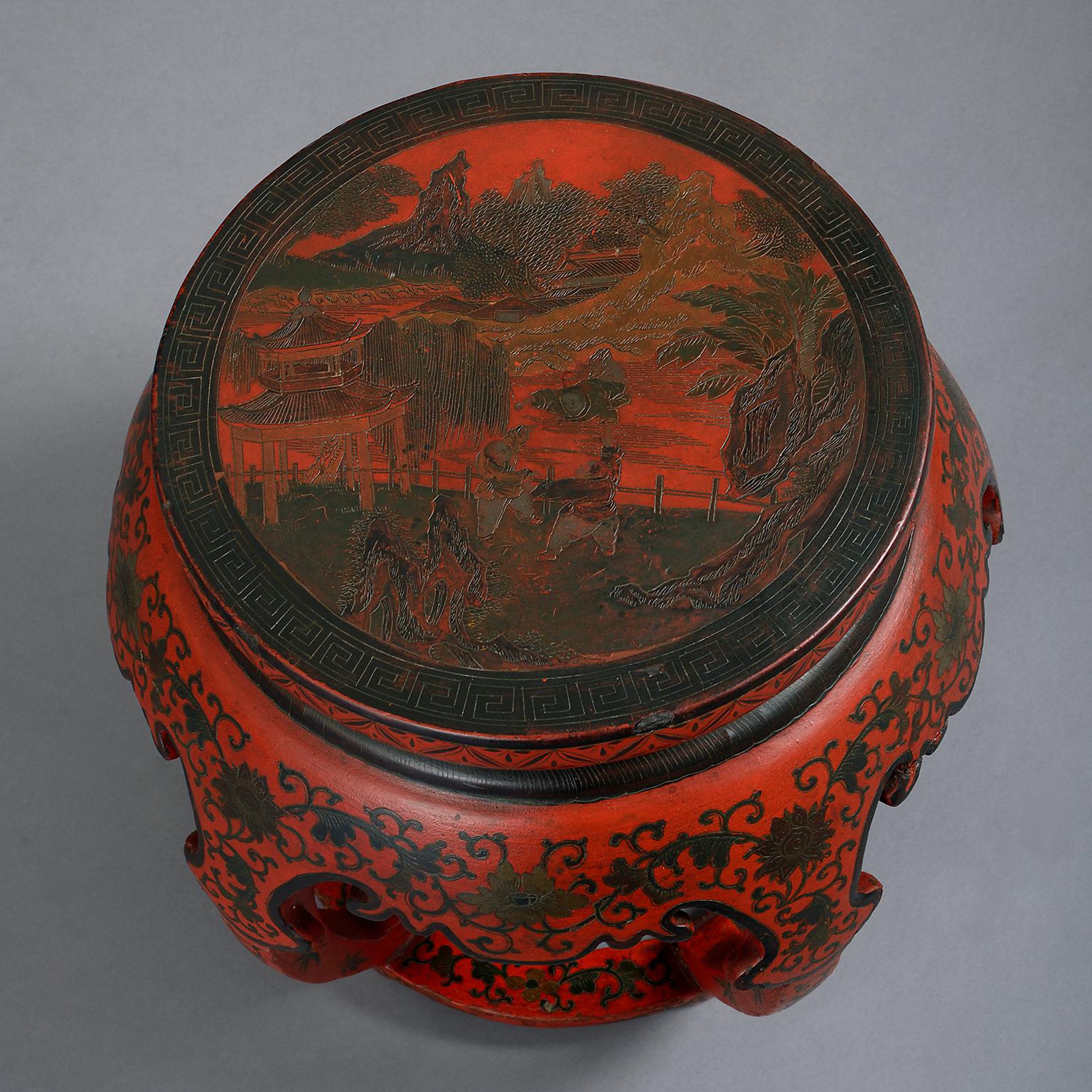 Lacquered Early 20th Century Chinese Red Lacquer Low Table or Stool