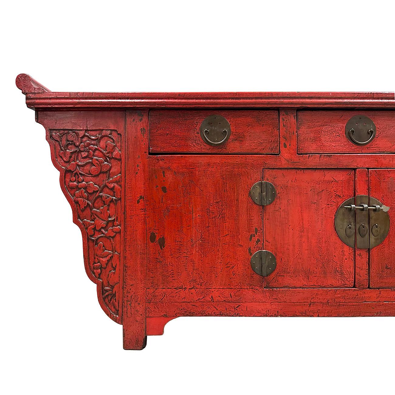 Chinese Export Early 20th Century Chinese Red Lacquered Altar Cabinet, Buffet Table, Sideboard For Sale