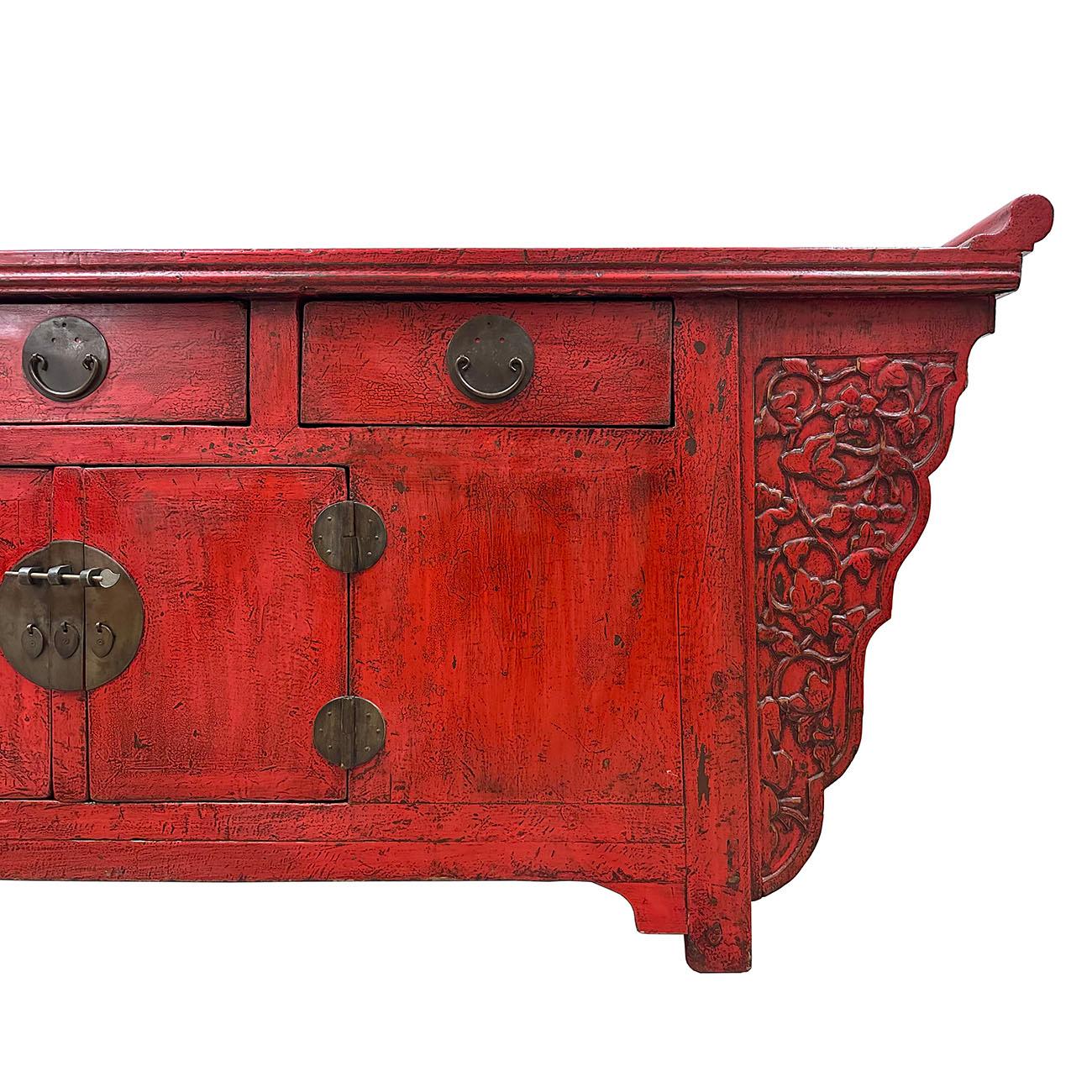 Early 20th Century Chinese Red Lacquered Altar Cabinet, Buffet Table, Sideboard In Good Condition For Sale In Pomona, CA