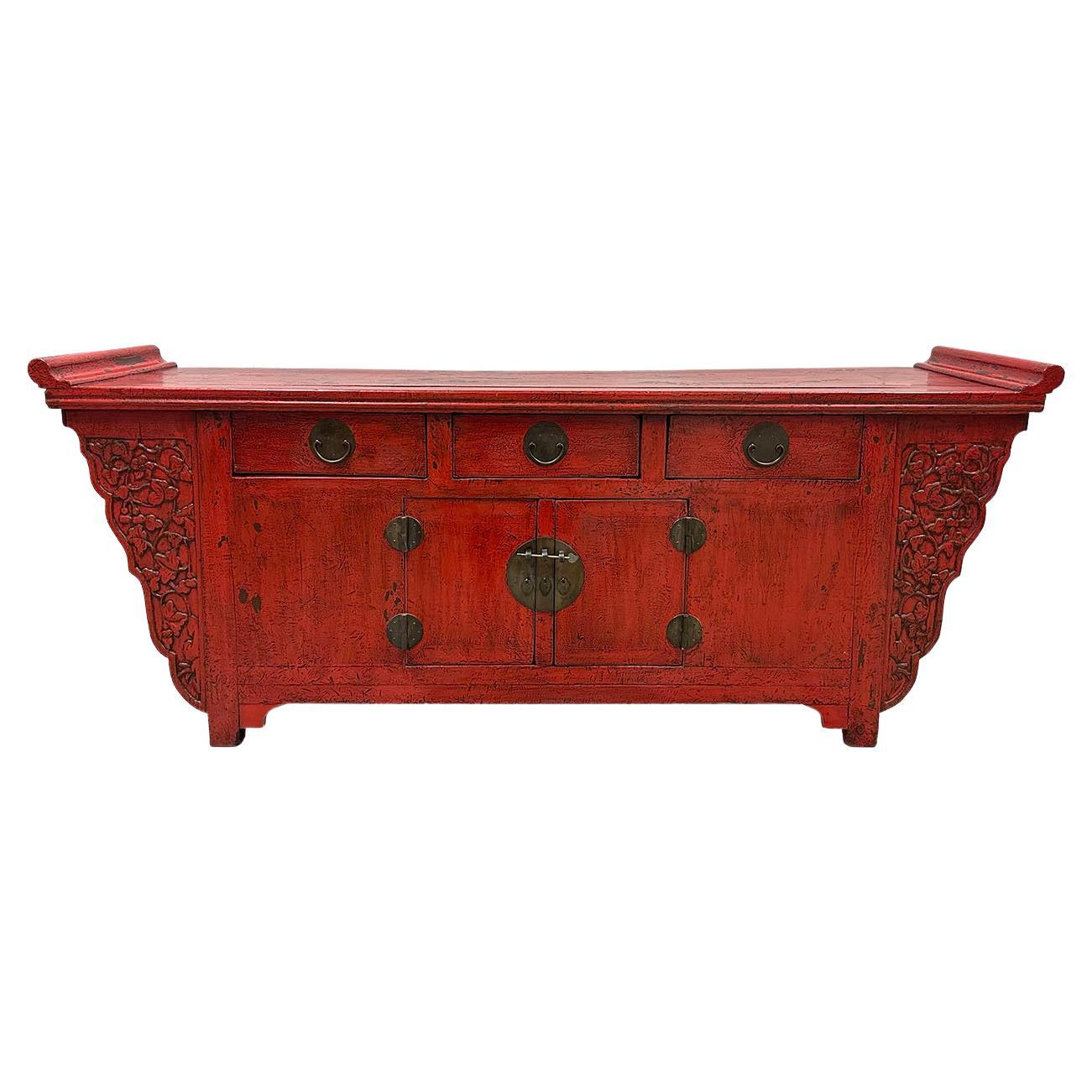 Chinesischer rot lackierter Altarschrank des frühen 20. Jahrhunderts, Buffettisch, Sideboard