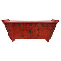 Antique Early 20th Century Chinese Red Lacquered Altar Cabinet, Buffet Table, Sideboard