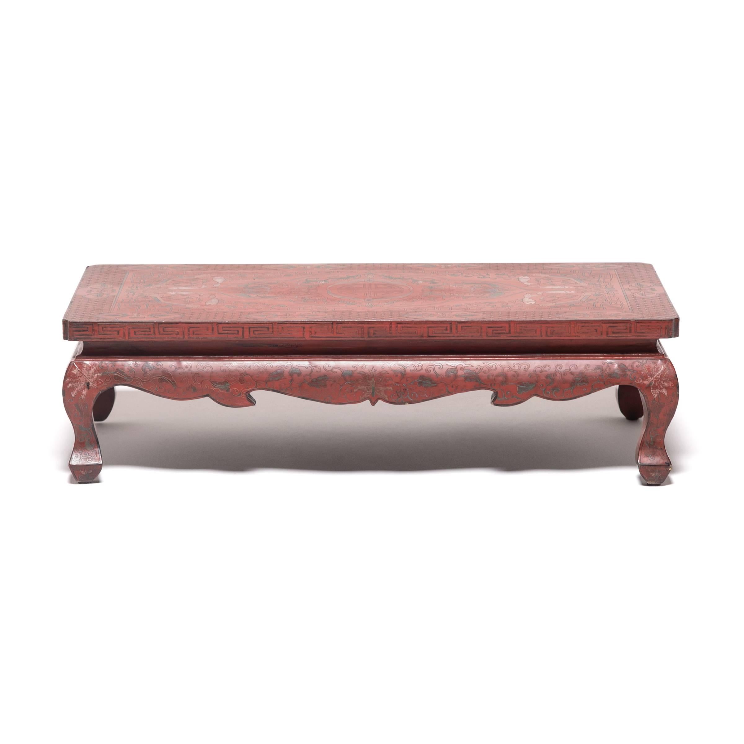 Qing Chinese Low Painted Lacquer Table with Fish Chimes, c. 1900 For Sale