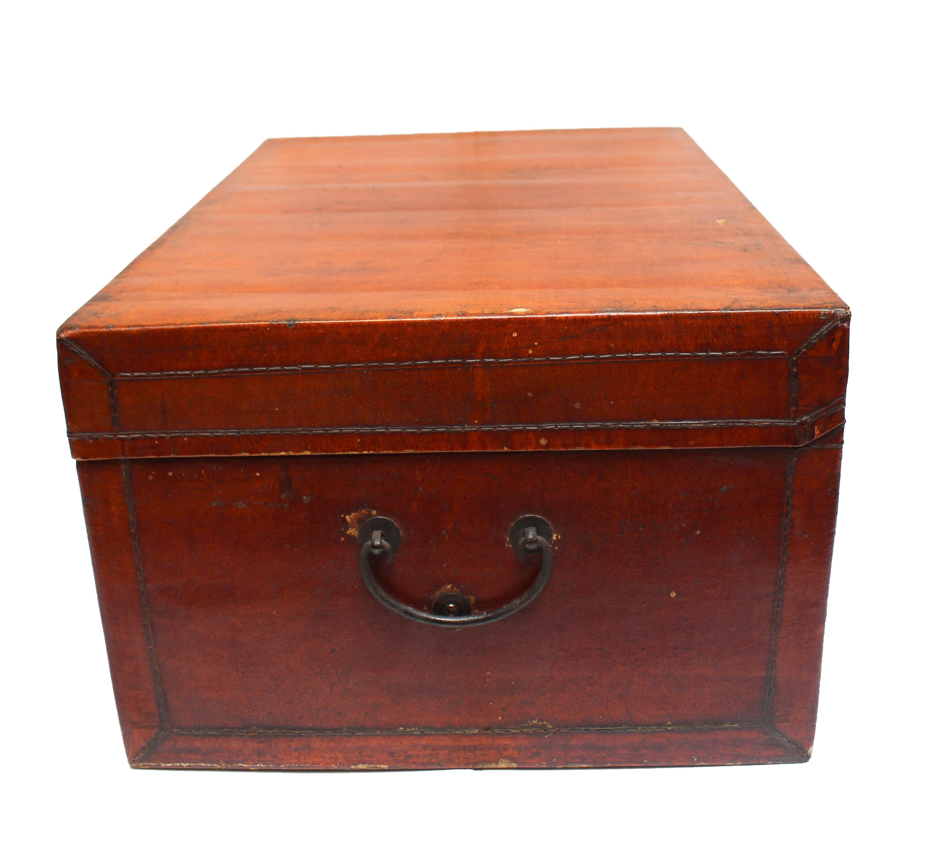 Leather Early 20th Century Chinese Red Trunk with Iron Mounts For Sale