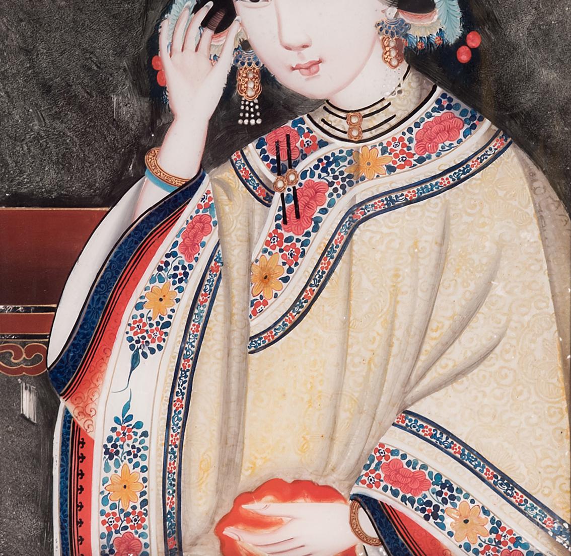 Chinesisches rückseitiges Glasporträt einer jungen Frau, um 1900 (Qing-Dynastie) im Angebot