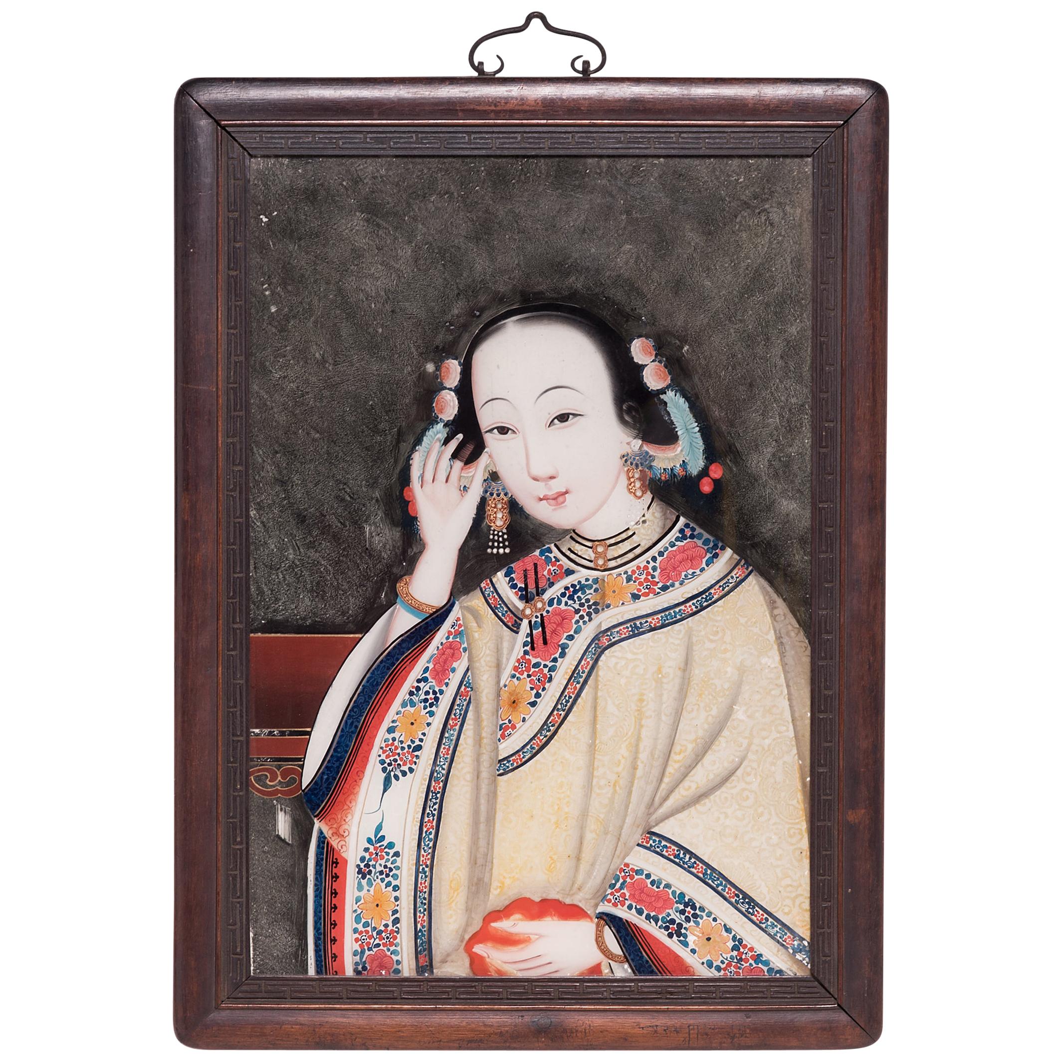 Chinesisches rückseitiges Glasporträt einer jungen Frau, um 1900