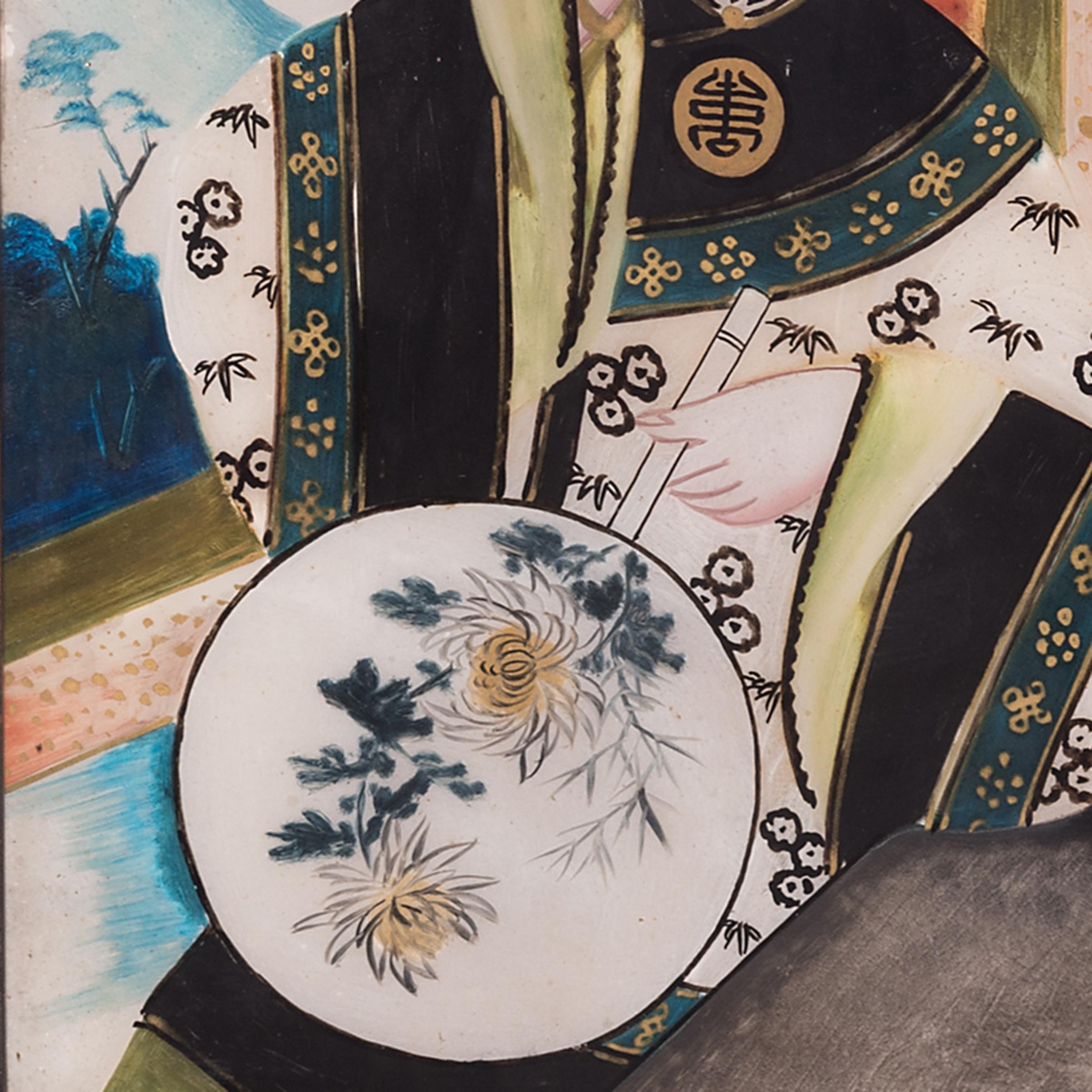 Qing Portrait chinois en verre inversé avec éventail peint, vers 1900 en vente