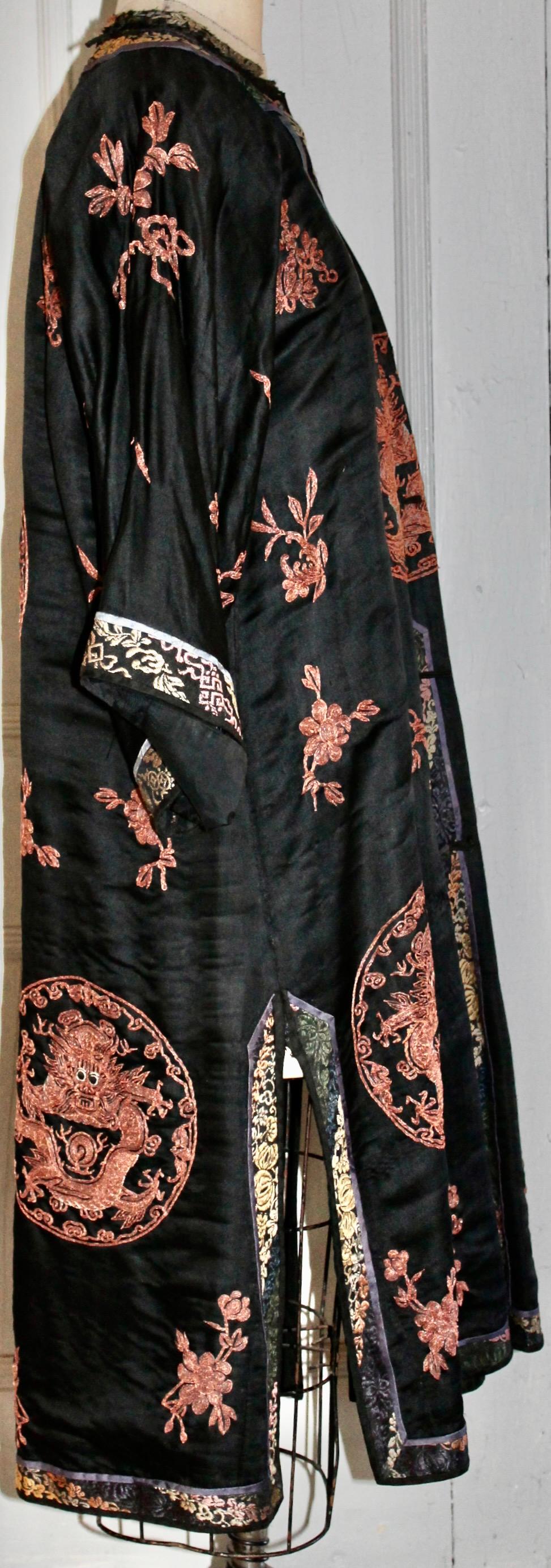 Black Early 20th Century Chinese Robe with Metallic Dragon Embroidery For Sale