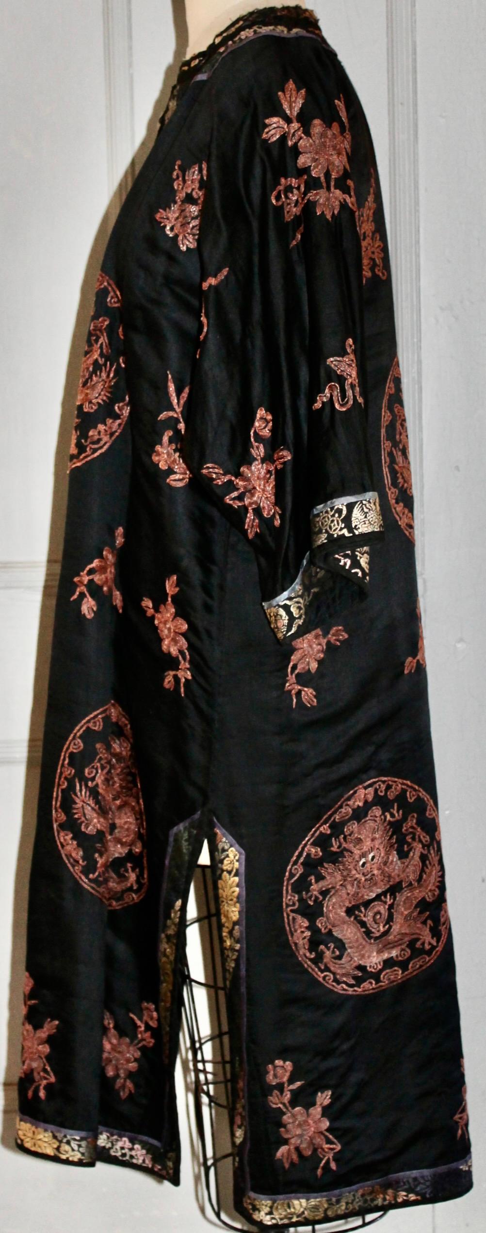 Women's Early 20th Century Chinese Robe with Metallic Dragon Embroidery For Sale