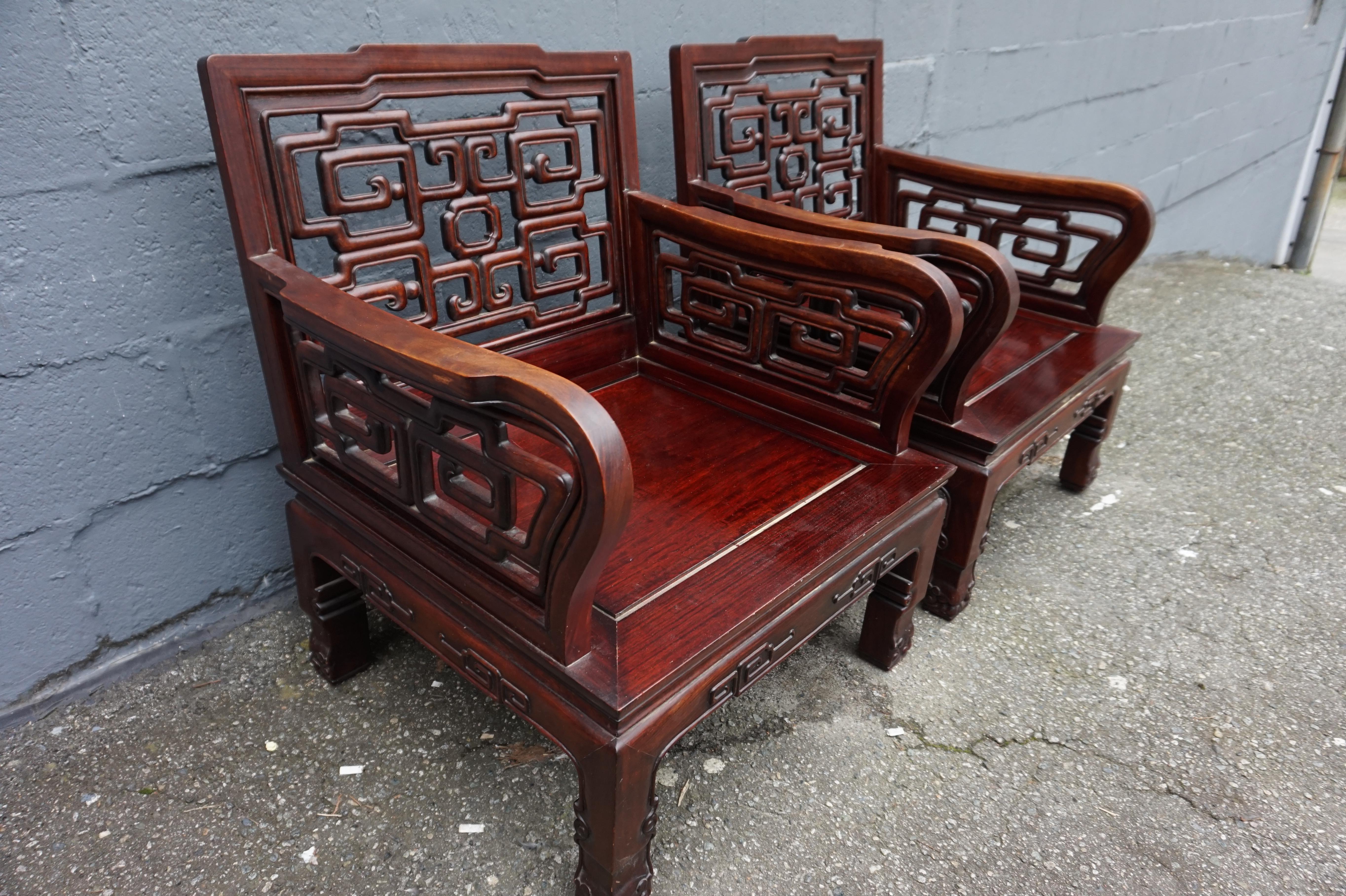 Early 20th Century Chinese Solid Rosewood Hand-carved Armchairs For Sale 3