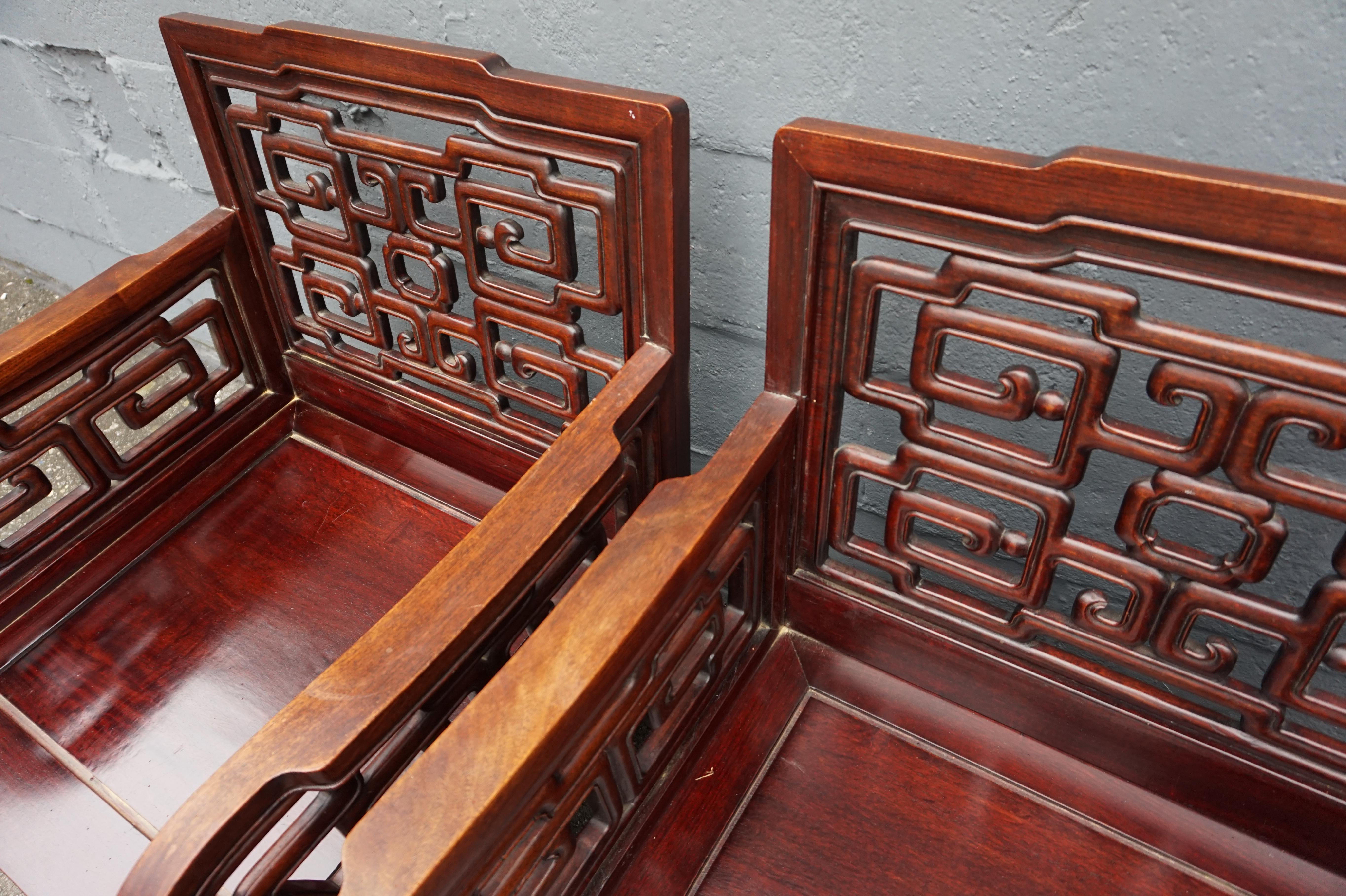 Chinese Export Early 20th Century Chinese Solid Rosewood Hand-carved Armchairs For Sale