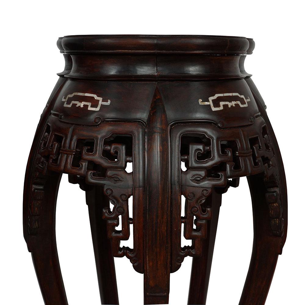 Carved Early 20th Century Chinese Rosewood Pedestal Table/Plant Stand w/MOP inlay