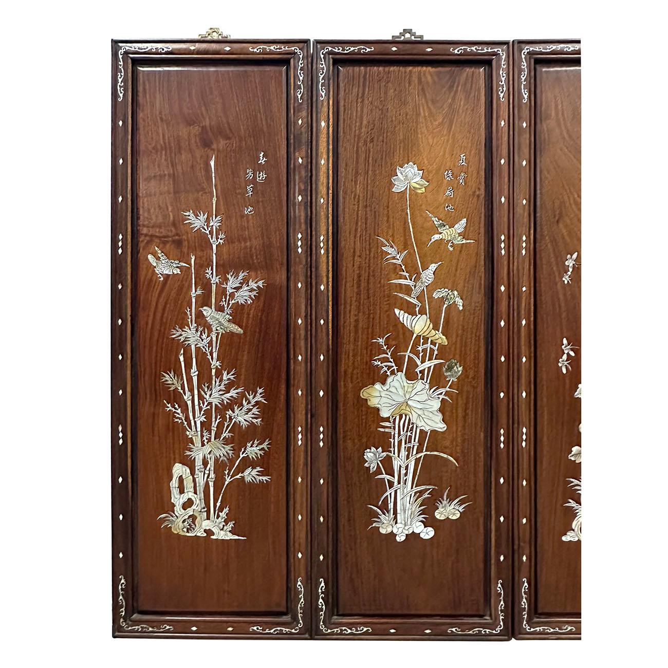 This is a set of 4 Chinese rosewood panels with mother of pearl inlay. They were hand made and hand crafted. It features beautiful detailed Chinese traditional craftswoman works of four season MOP inlay on the panels. Look at the pictures, you can