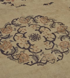 Hand-Woven Chinese Rug, Wool, Early 20th Century, Floral Design, Beige