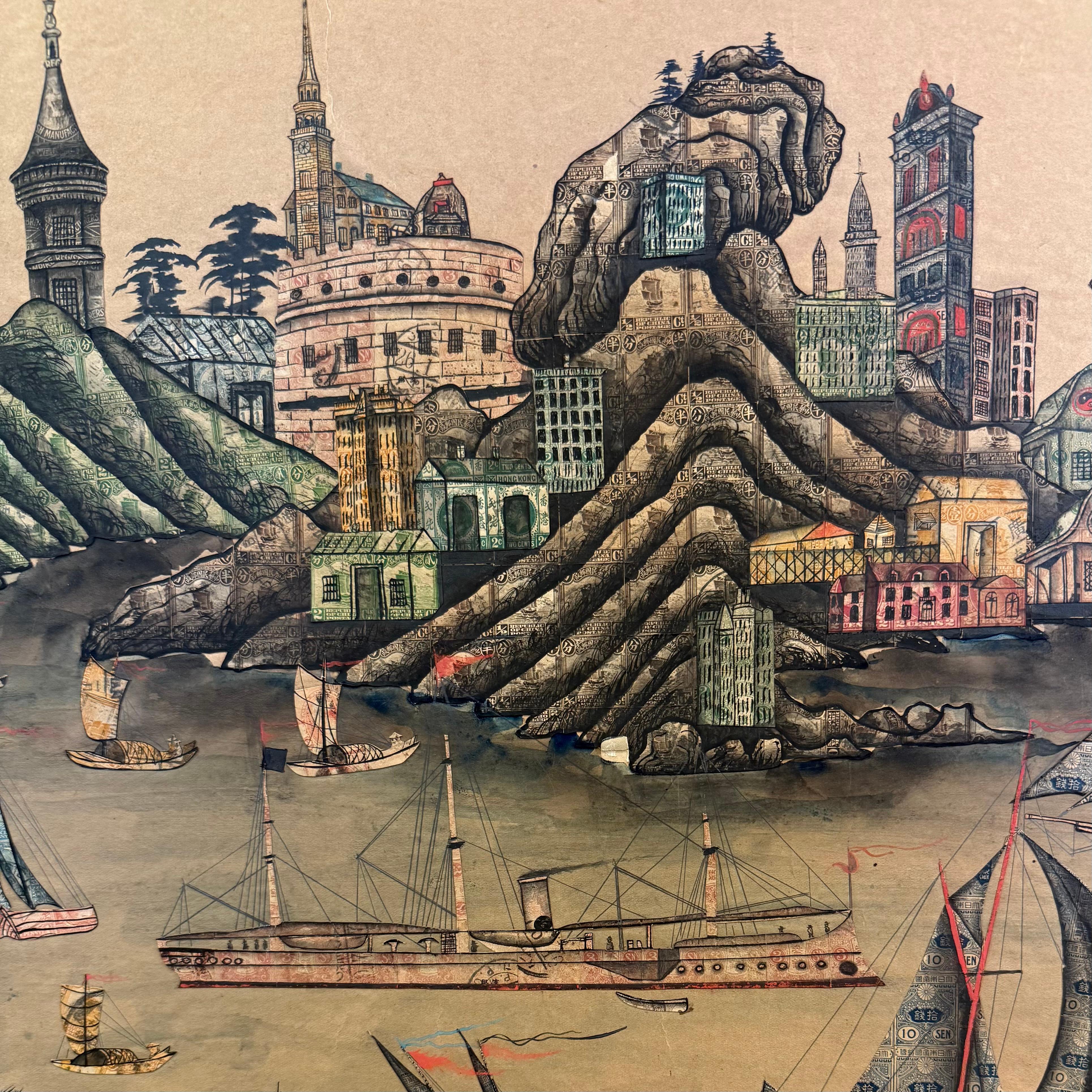 '1920's Chinese Port with Biplane Overhead', Philately, Postage Stamp Collage For Sale 9