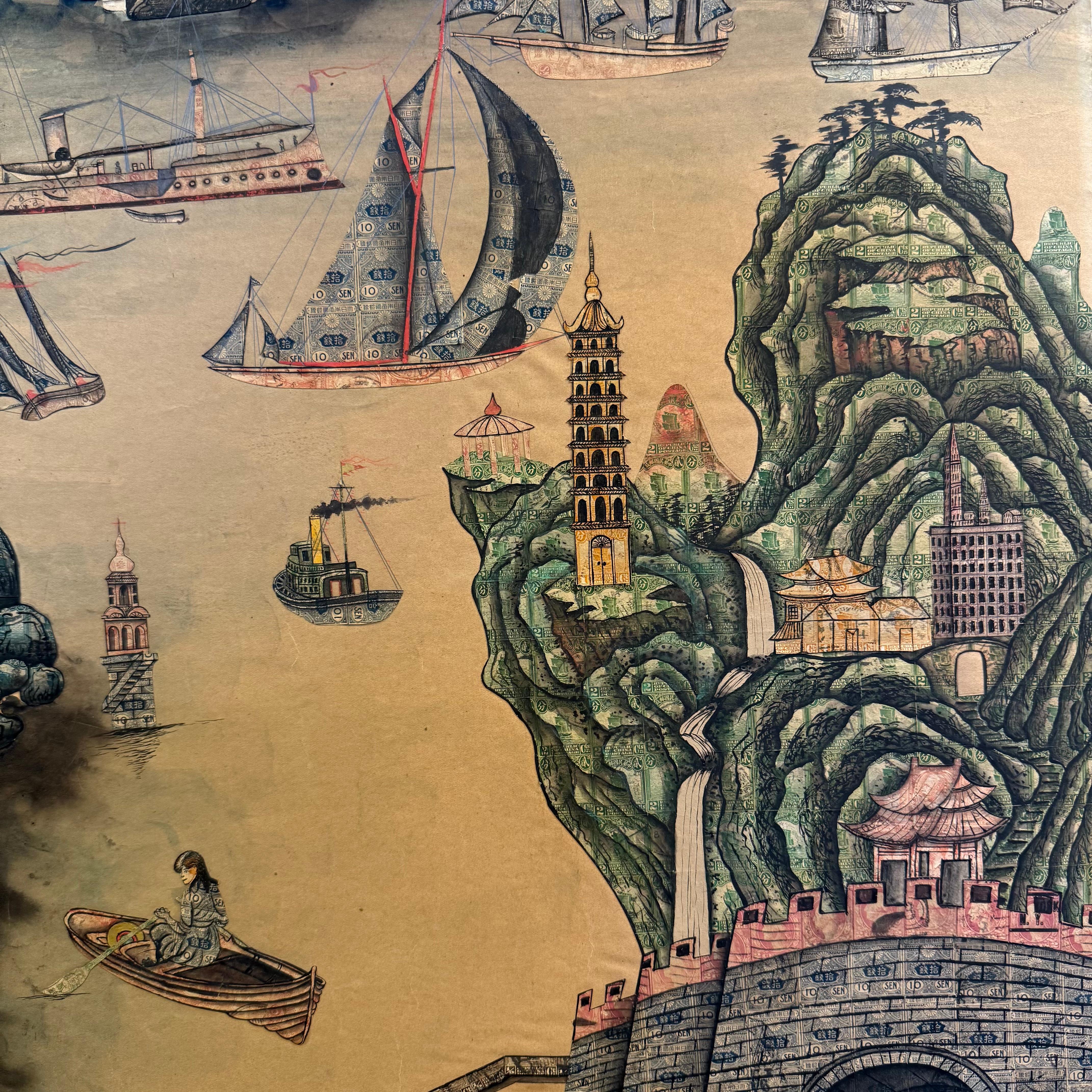 '1920's Chinese Port with Biplane Overhead', Philately, Postage Stamp Collage For Sale 13
