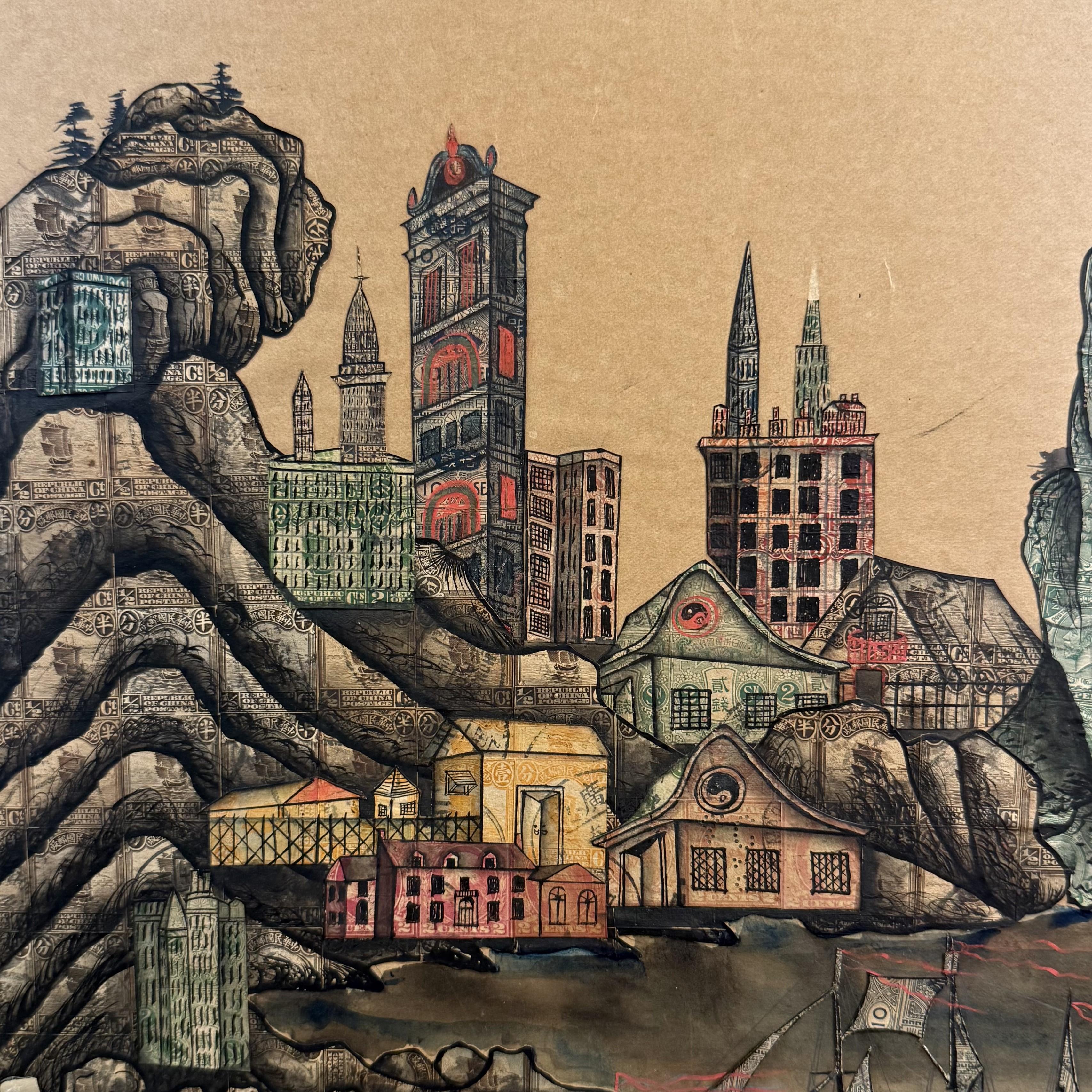 A substantial and finely detailed Chinese stamp-collage of a panoramic port scene, dating to circa 1925 and built entirely from meticulously cut and layered postage stamps heightened with watercolor. An unusually large and well-preserved example of