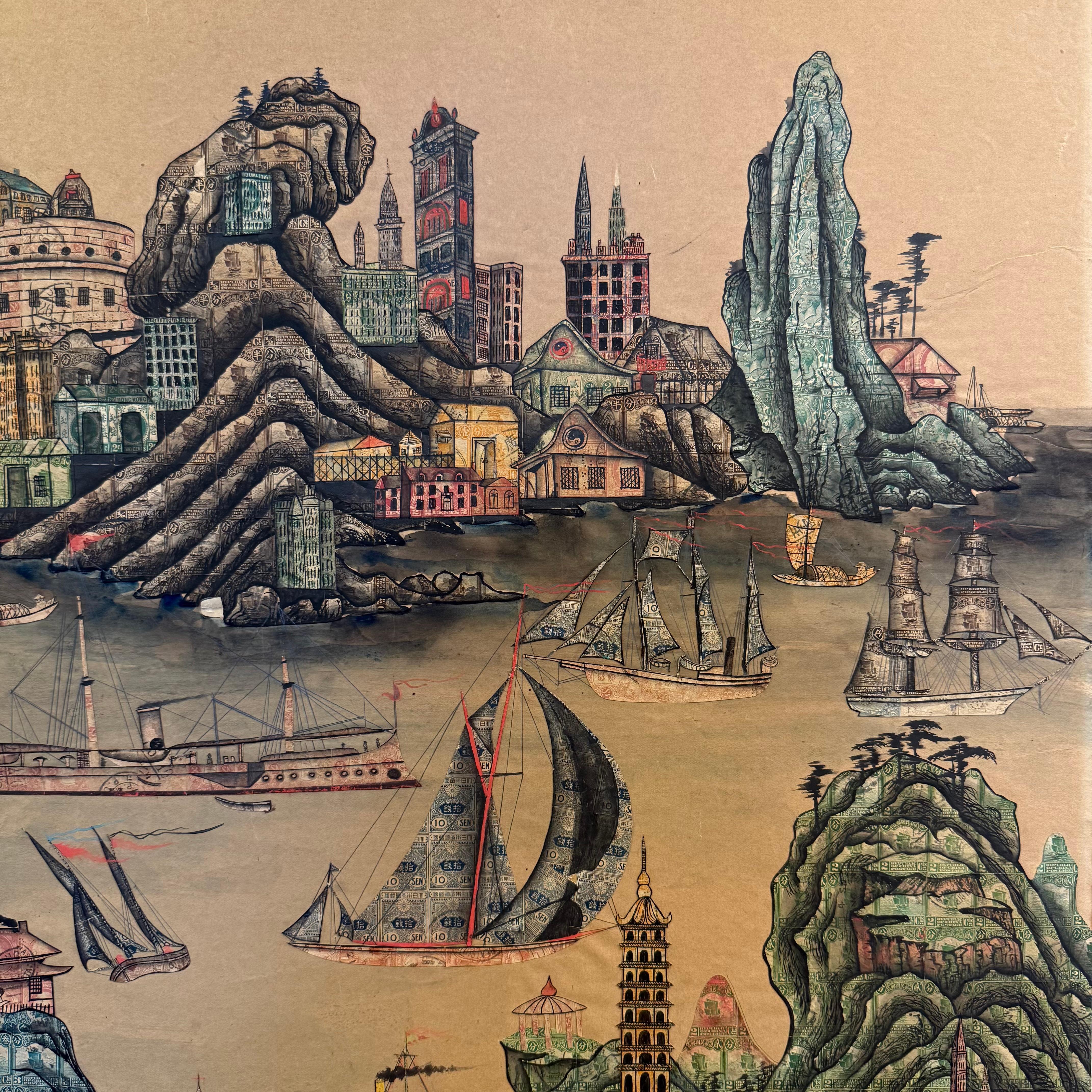 '1920's Chinese Port with Biplane Overhead', Philately, Postage Stamp Collage For Sale 2