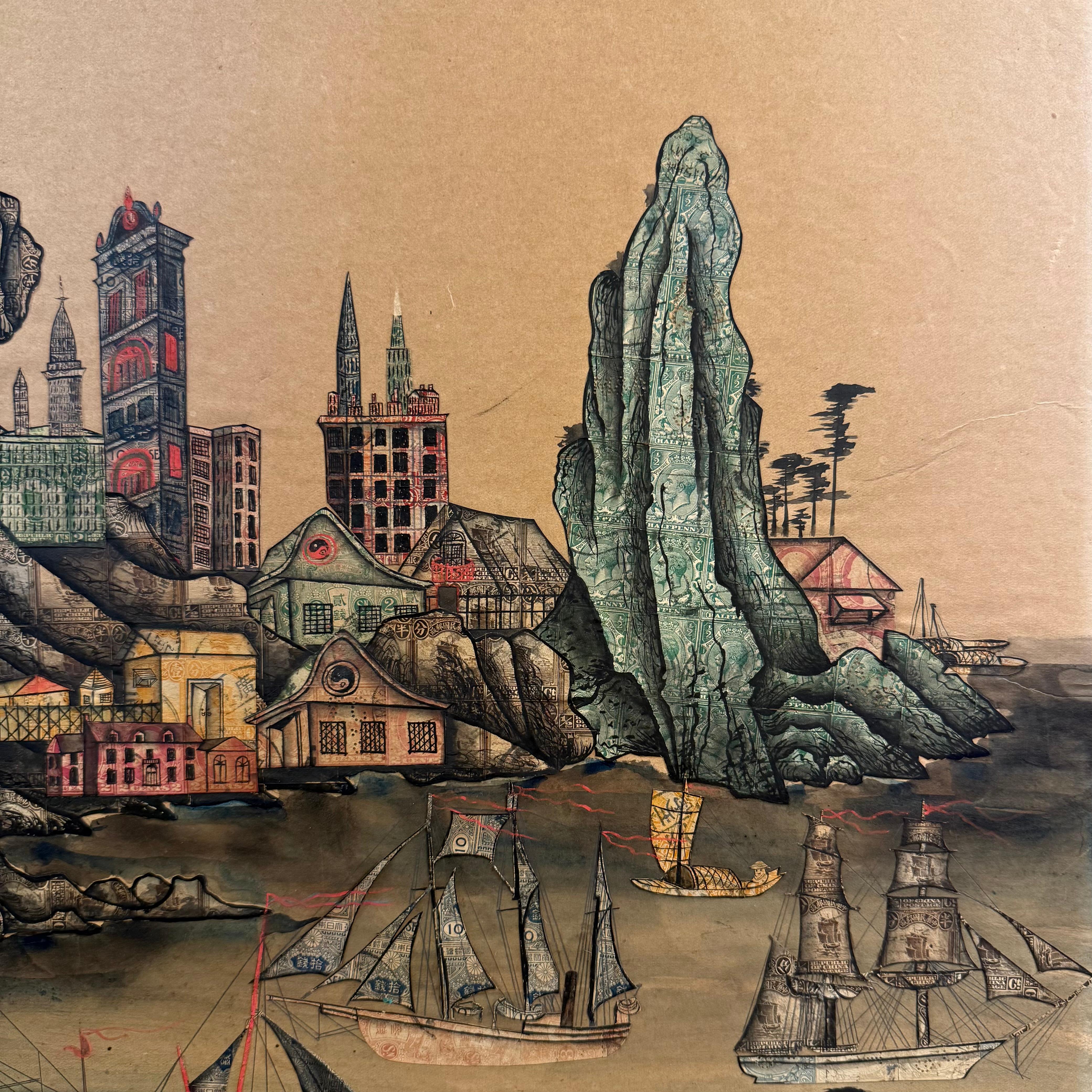 '1920's Chinese Port with Biplane Overhead', Philately, Postage Stamp Collage For Sale 4