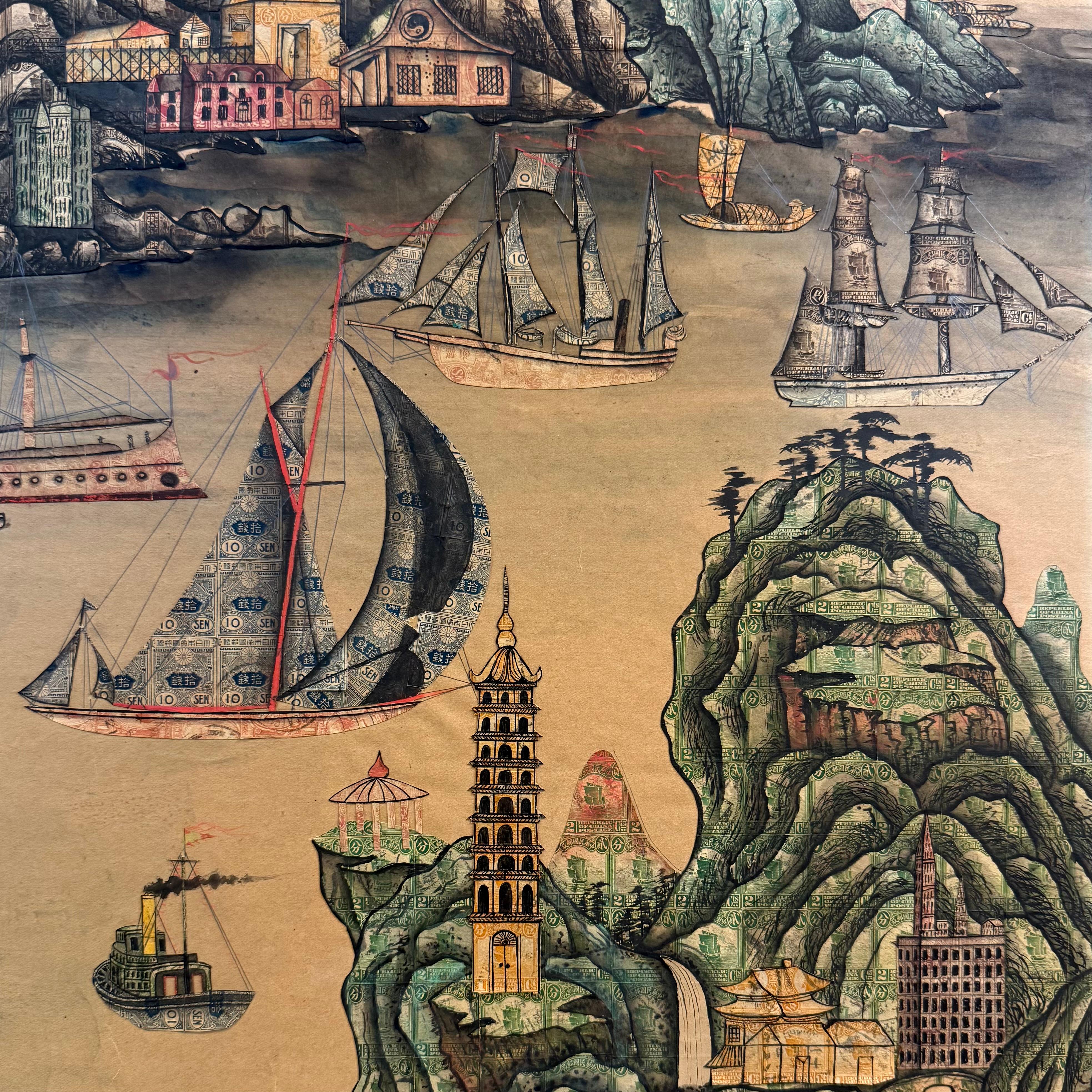 '1920's Chinese Port with Biplane Overhead', Philately, Postage Stamp Collage For Sale 5