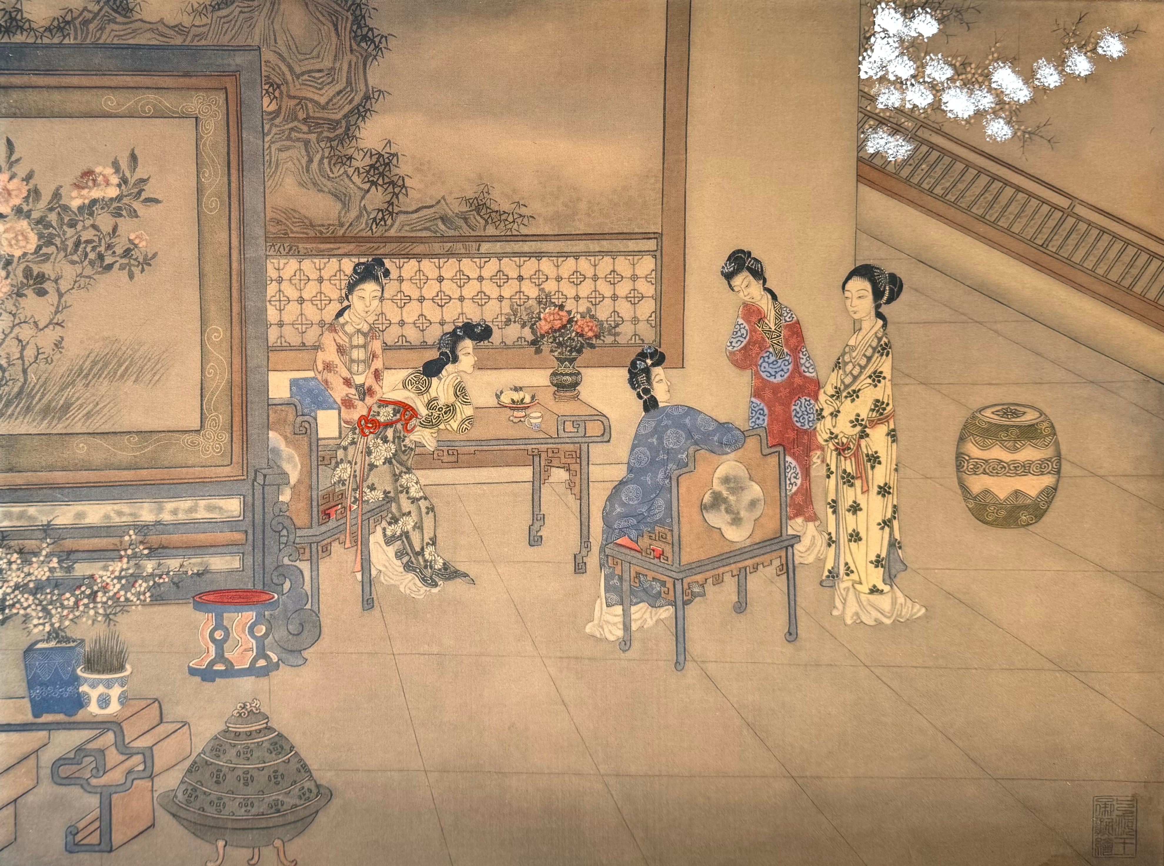 Early 20th Century Chinese School Interior Print - “Chinese Female Figures in Interior”