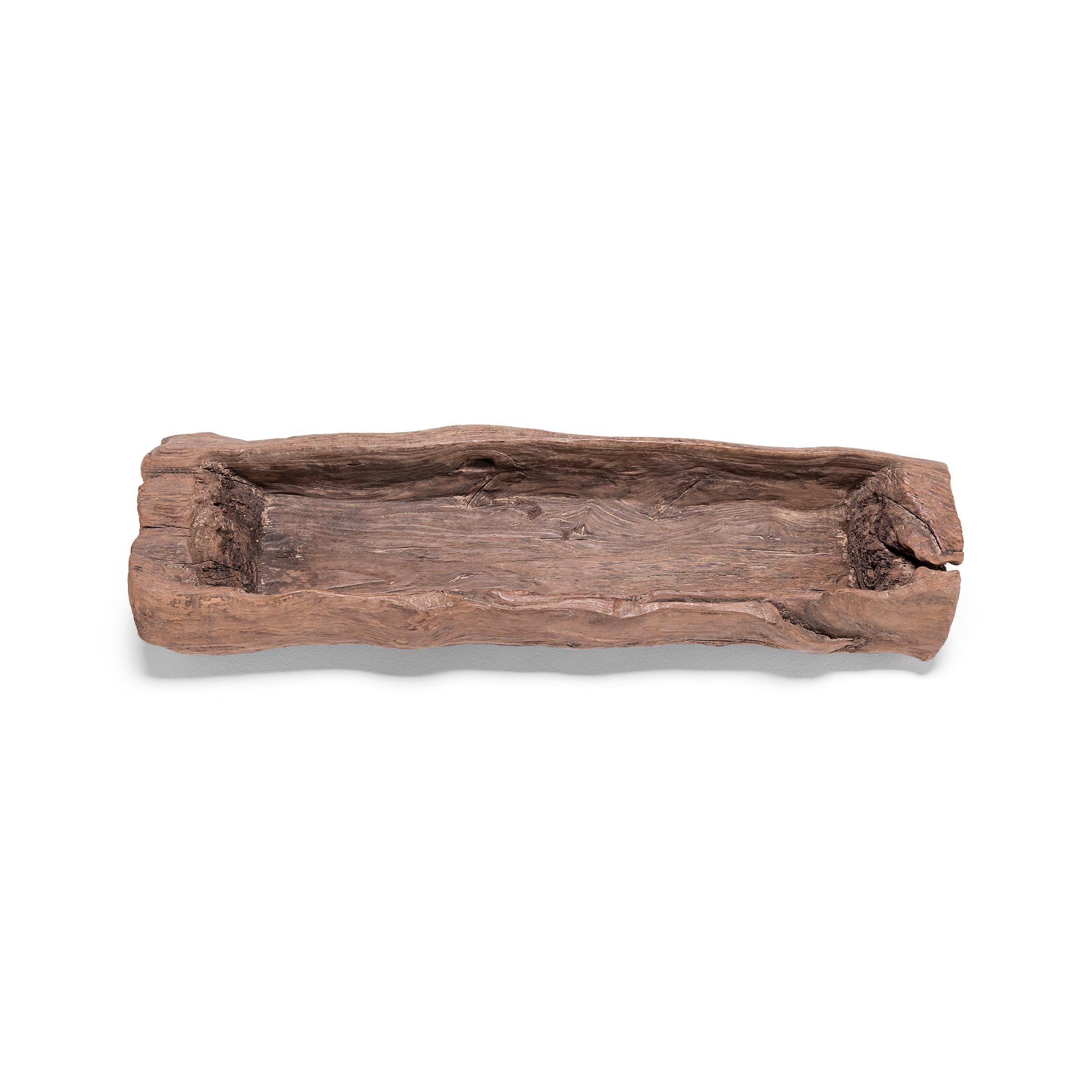 A common sight throughout rural Qing-dynasty China, this provincial trough from China's Shanxi province once held grain for livestock and barnyard fowl. The rustic trough showcases the expressive grain and raw texture of Chinese cypress, deeply