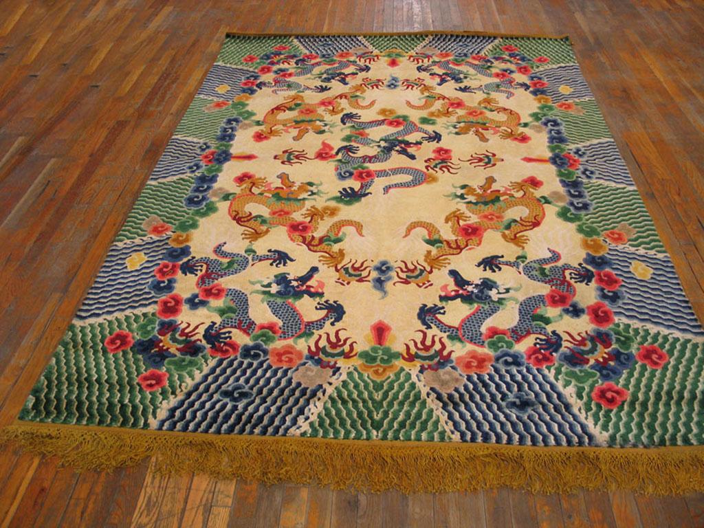 Hand-Knotted Early 20th Century Chinese Silk Dragon Carpet ( 6'3
