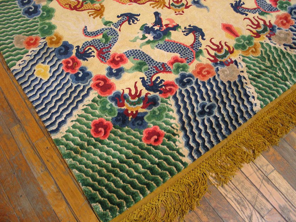 Hand-Knotted Early 20th Century Chinese Silk Dragon Carpet  For Sale