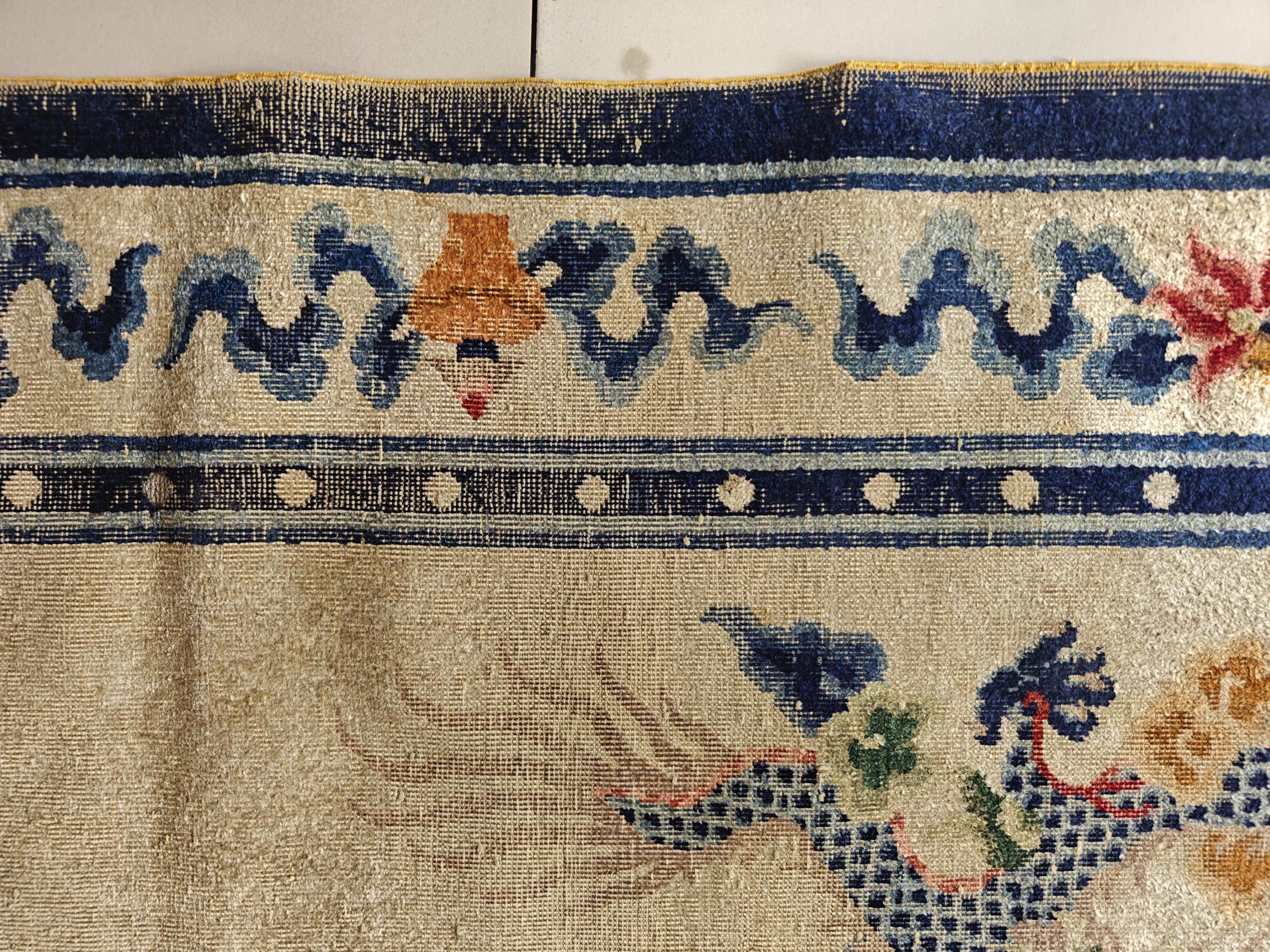 Early 20th Century Chinese Silk & Metallic Threads Carpet with Inscription  For Sale 6