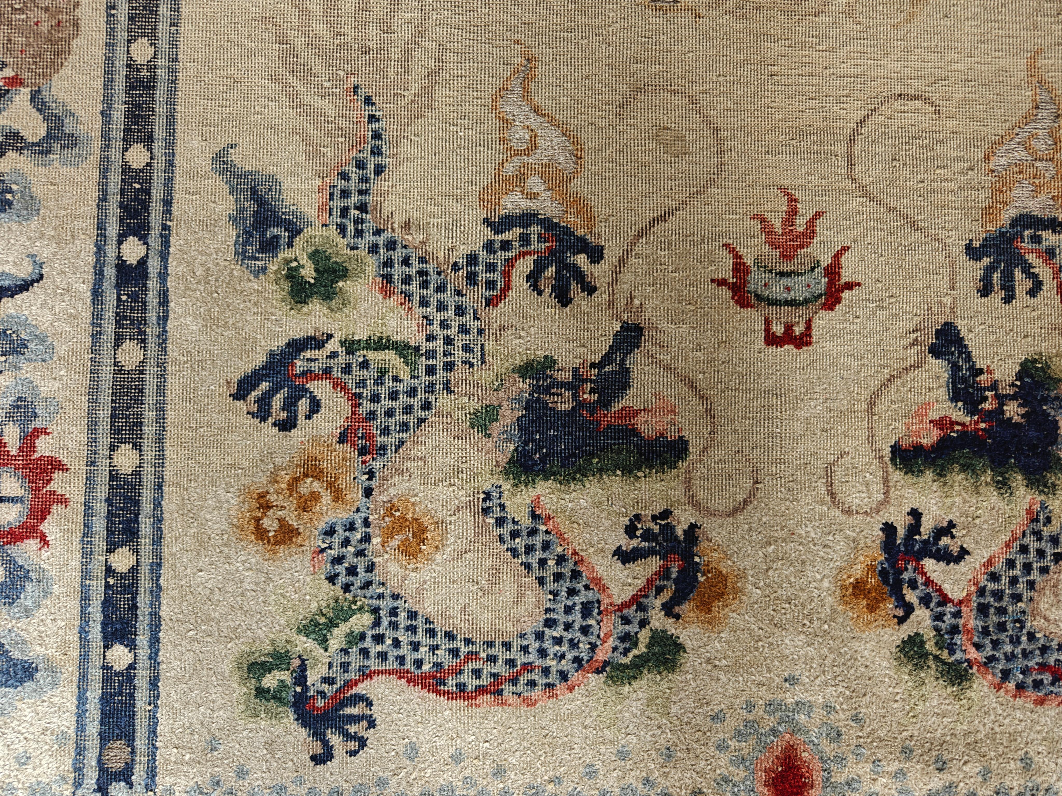 Early 20th Century Chinese Silk & Metallic Threads Carpet with Inscription  For Sale 9