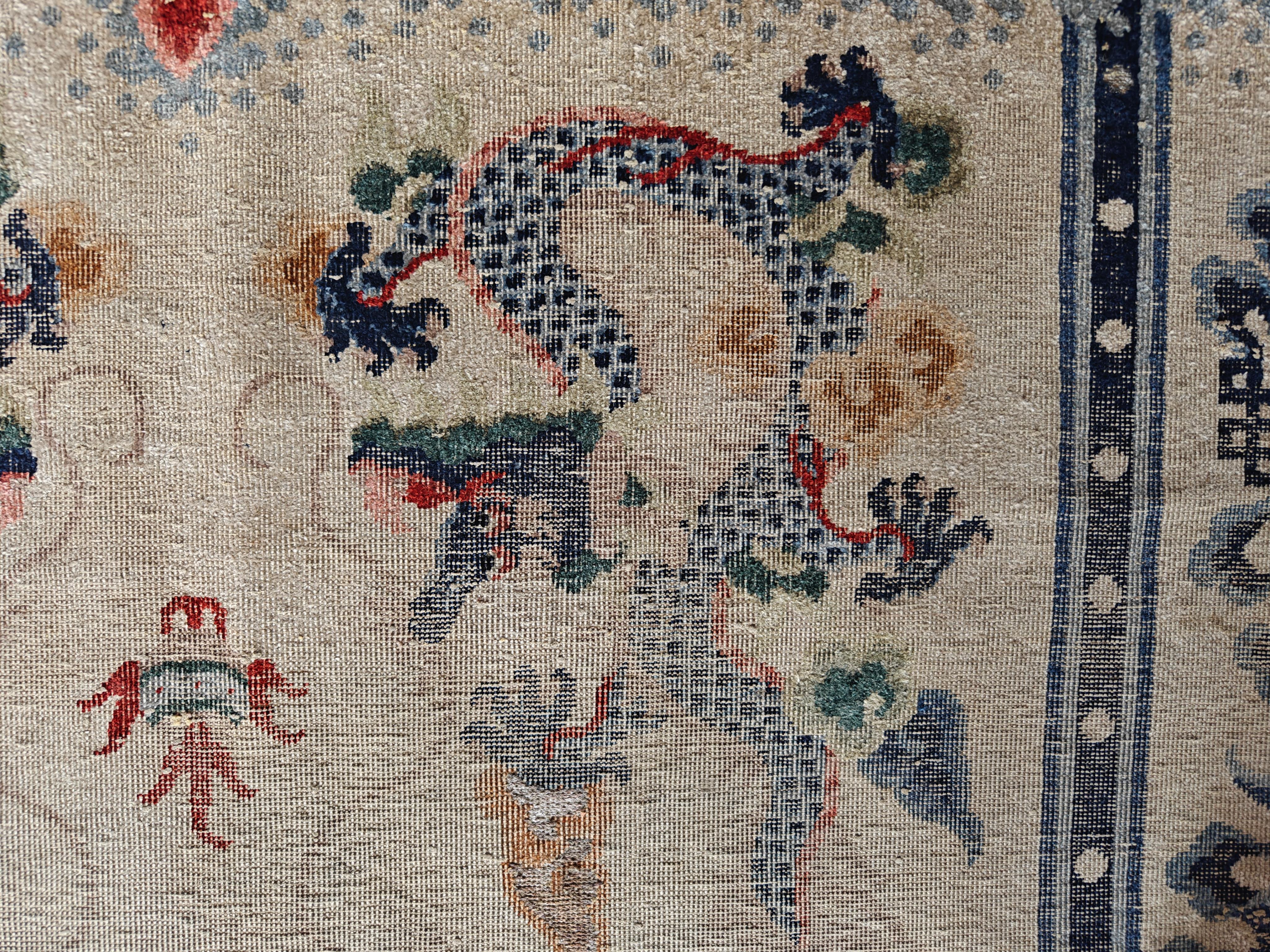 Early 20th Century Chinese Silk & Metallic Threads Carpet with Inscription  For Sale 3