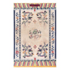 Early 20th Century Chinese Silk & Metallic Threads Carpet with Inscription