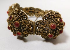 Early 20th Century Chinese Silver Gold Gilt Bracelet with 26 Carnelian Stones