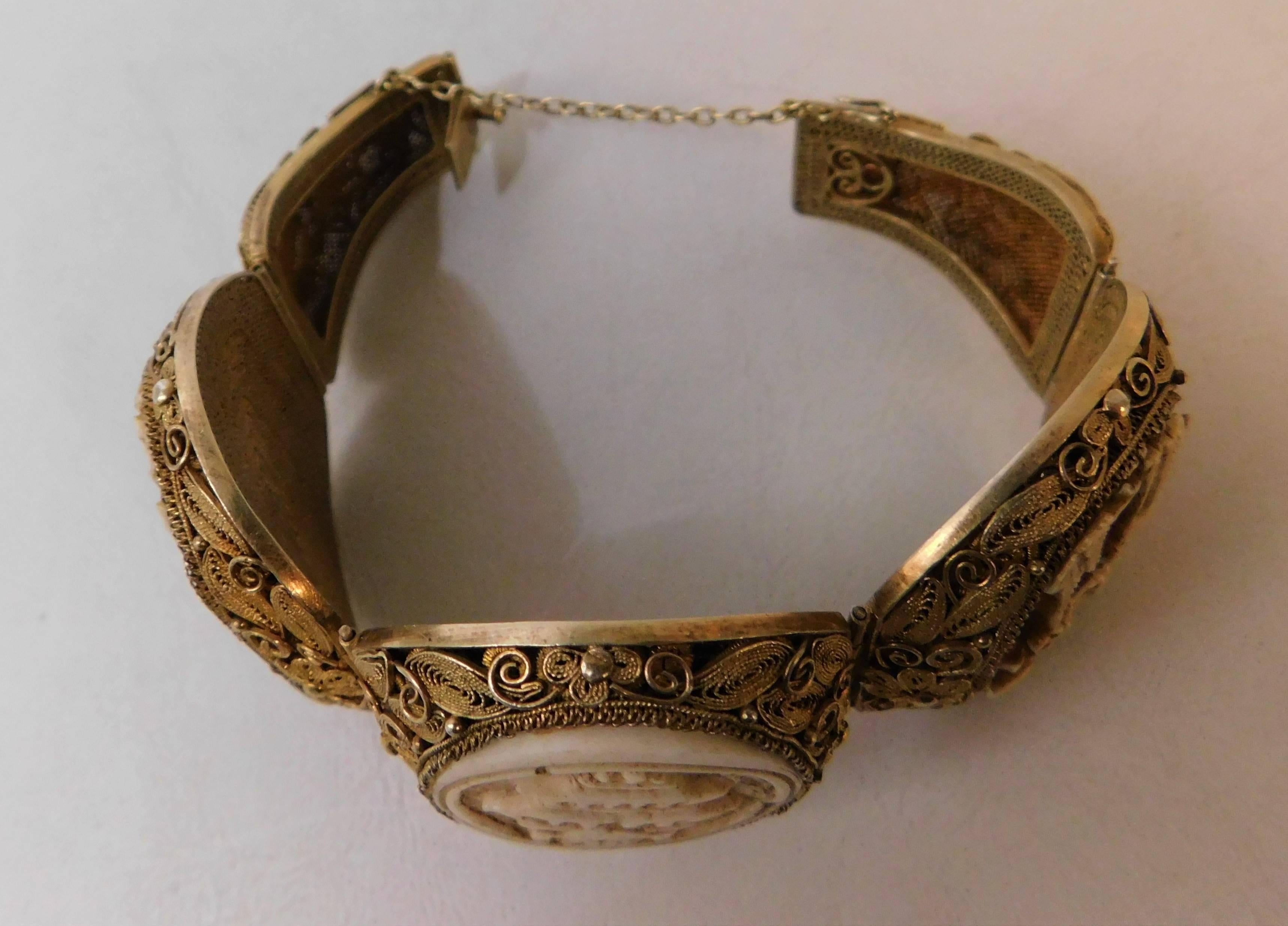 Early 20th Century Chinese Silver with Gold Gilding Bone Bracelet For Sale 5