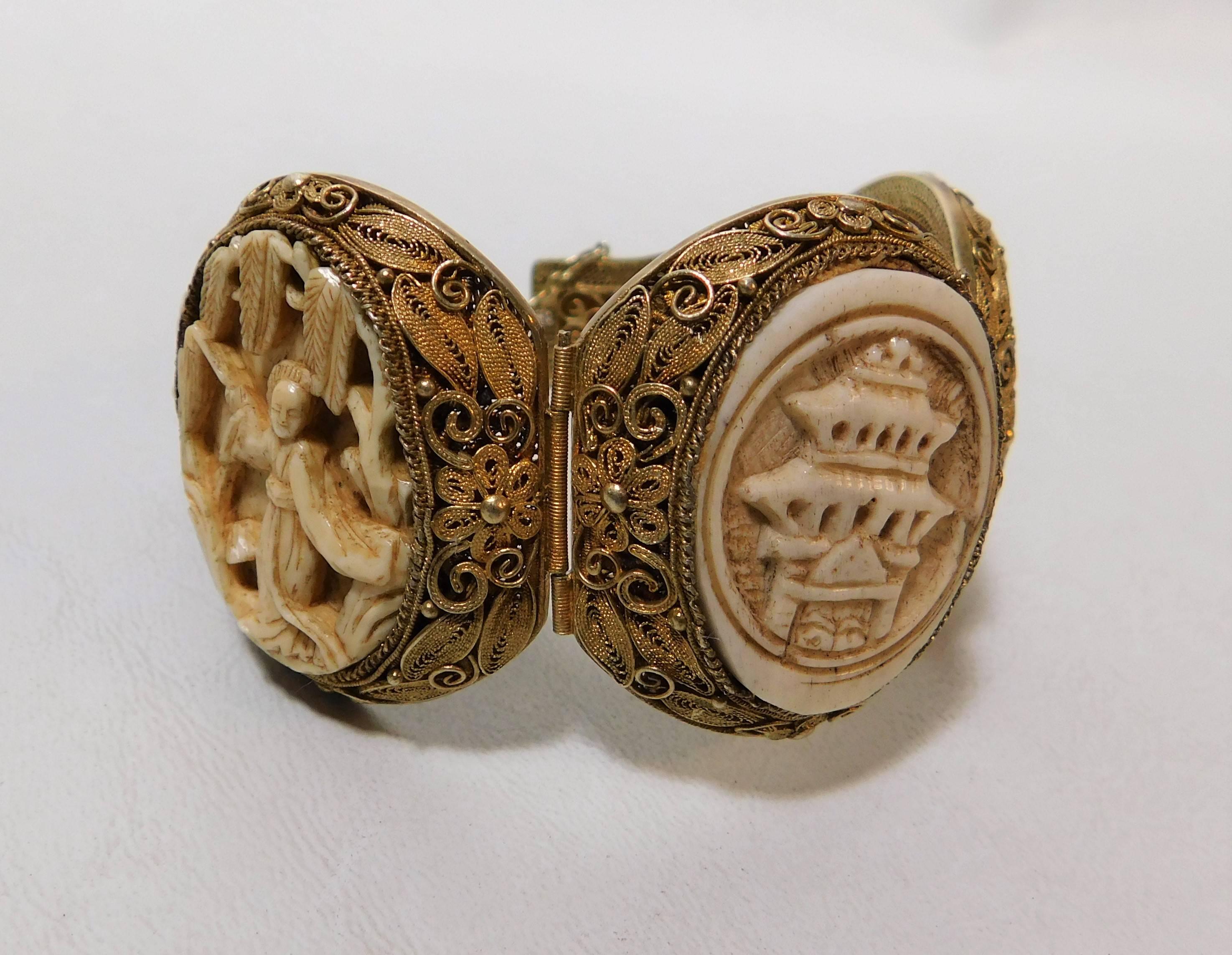 Early 20th century Chinese silver with gold gilding bone bracelet.