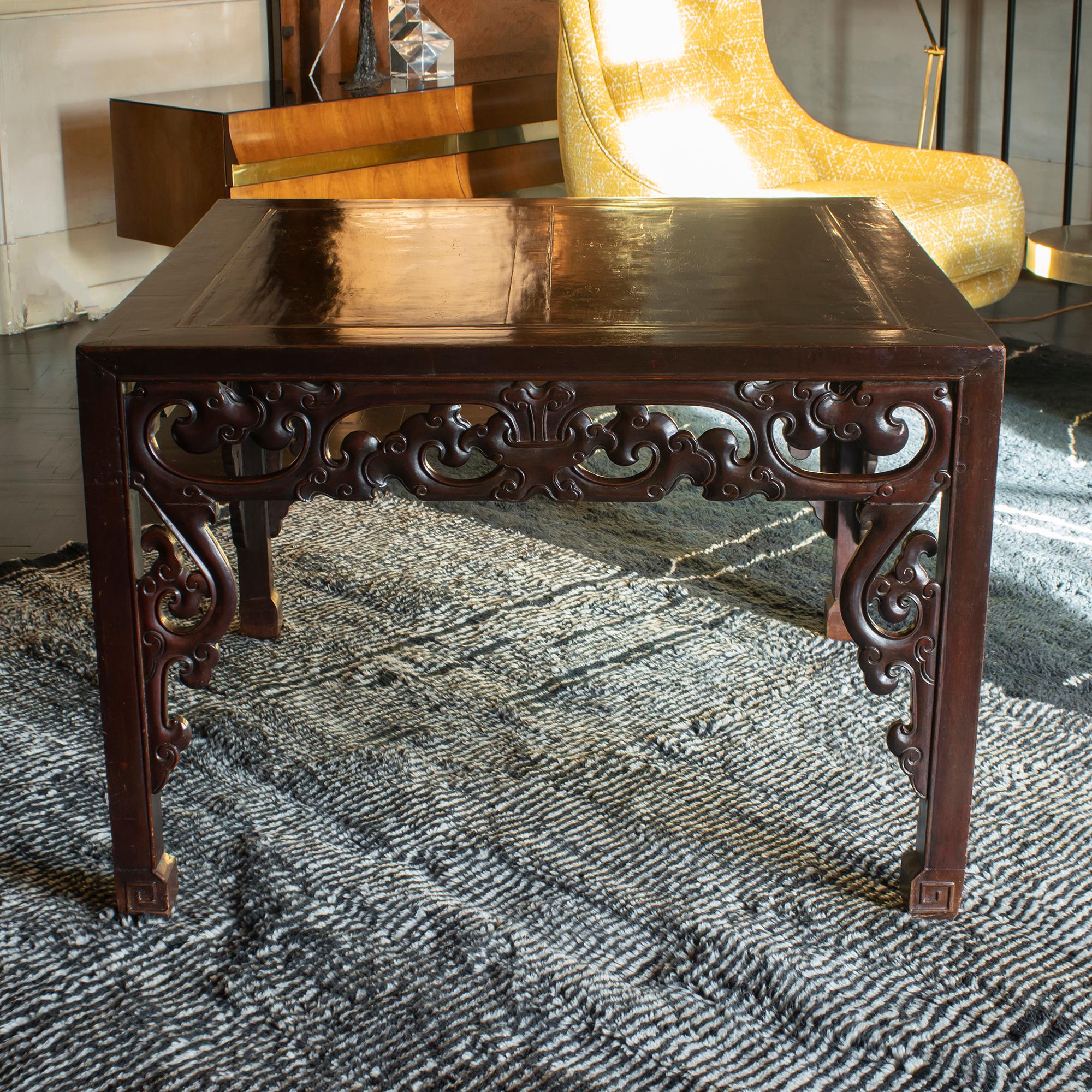 Carved Early 20th Century Chinese Square Center Table, Rosewood and Brass Details For Sale