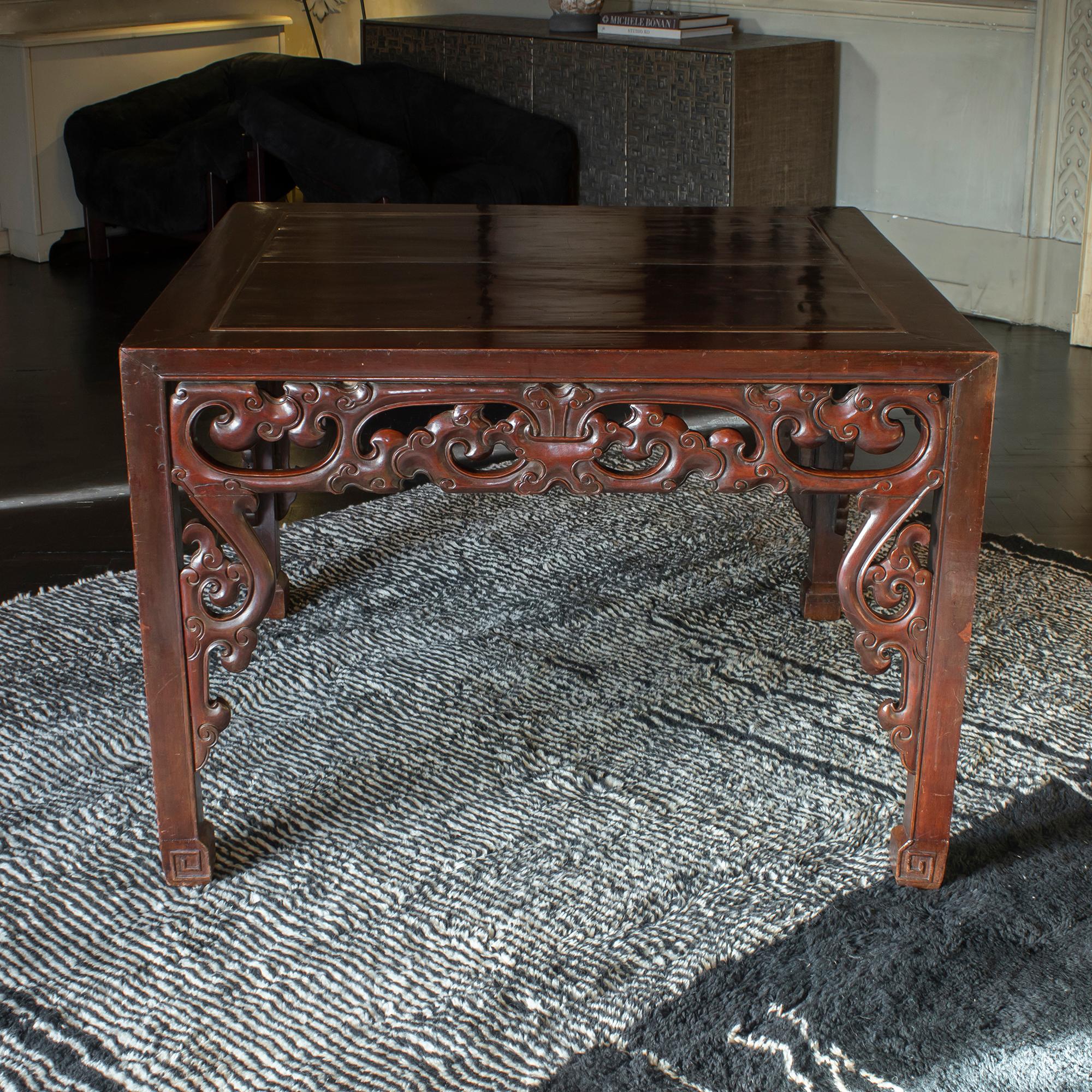 Wood Early 20th Century Chinese Square Center Table, Rosewood and Brass Details For Sale