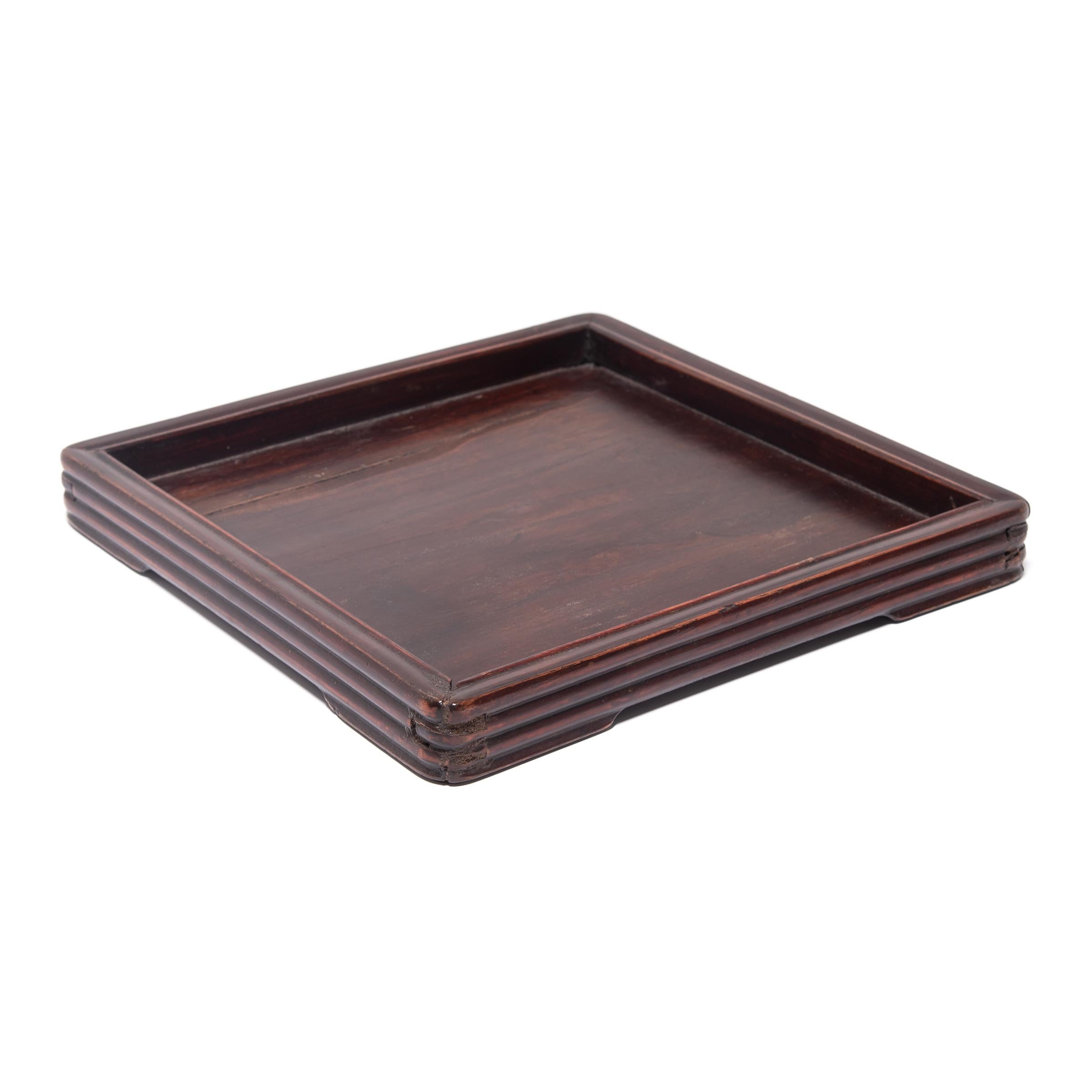 Carved Square Chinese Tray with Ridged Edges, c. 1900