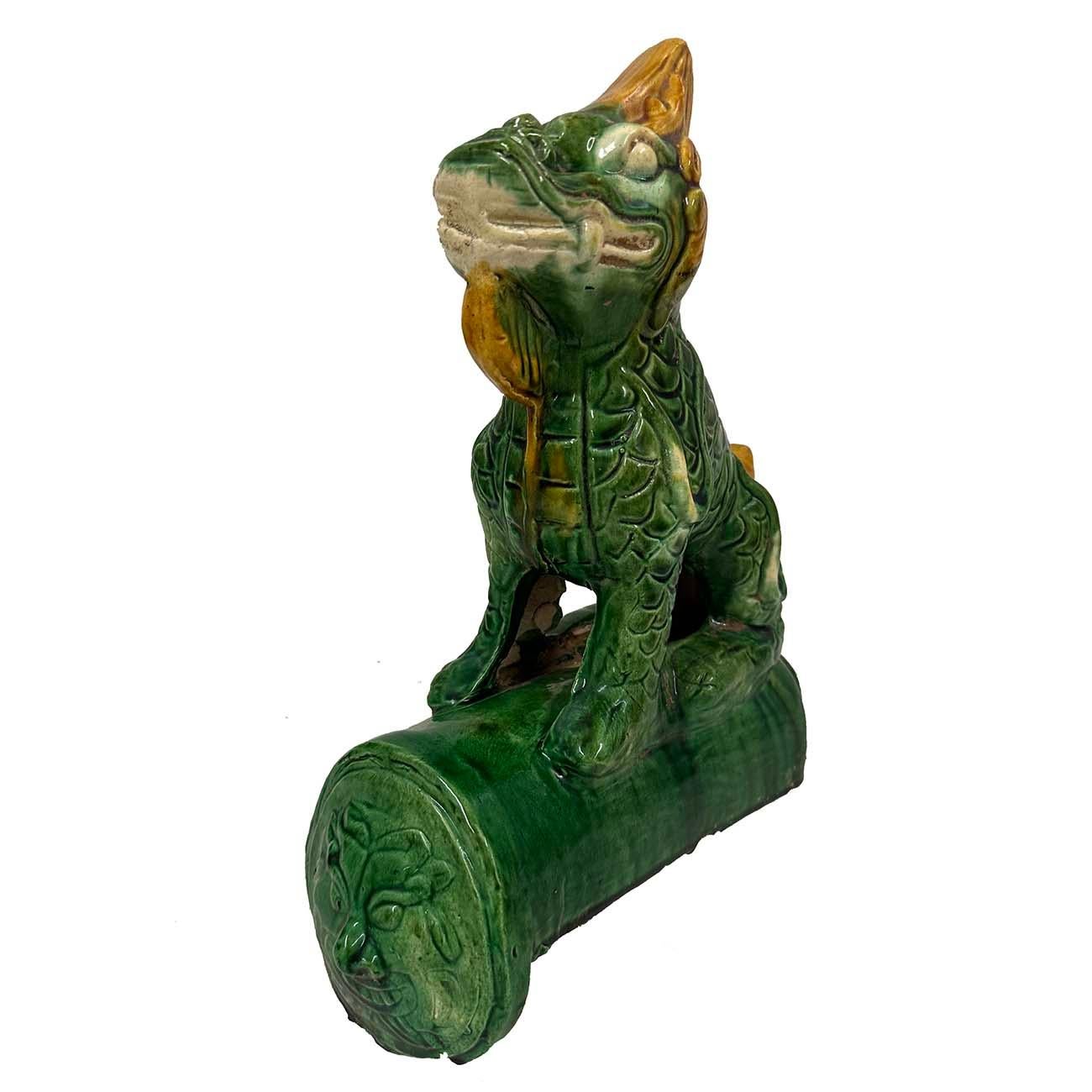 This Vintage Chinese Ceramic roof tile is 100% hand made and hand carved of Chinese traditional dragon design. It was used on top edges of building roof. Look at the pictures, there are some age wears and tiny crack hairlines on it, but it still